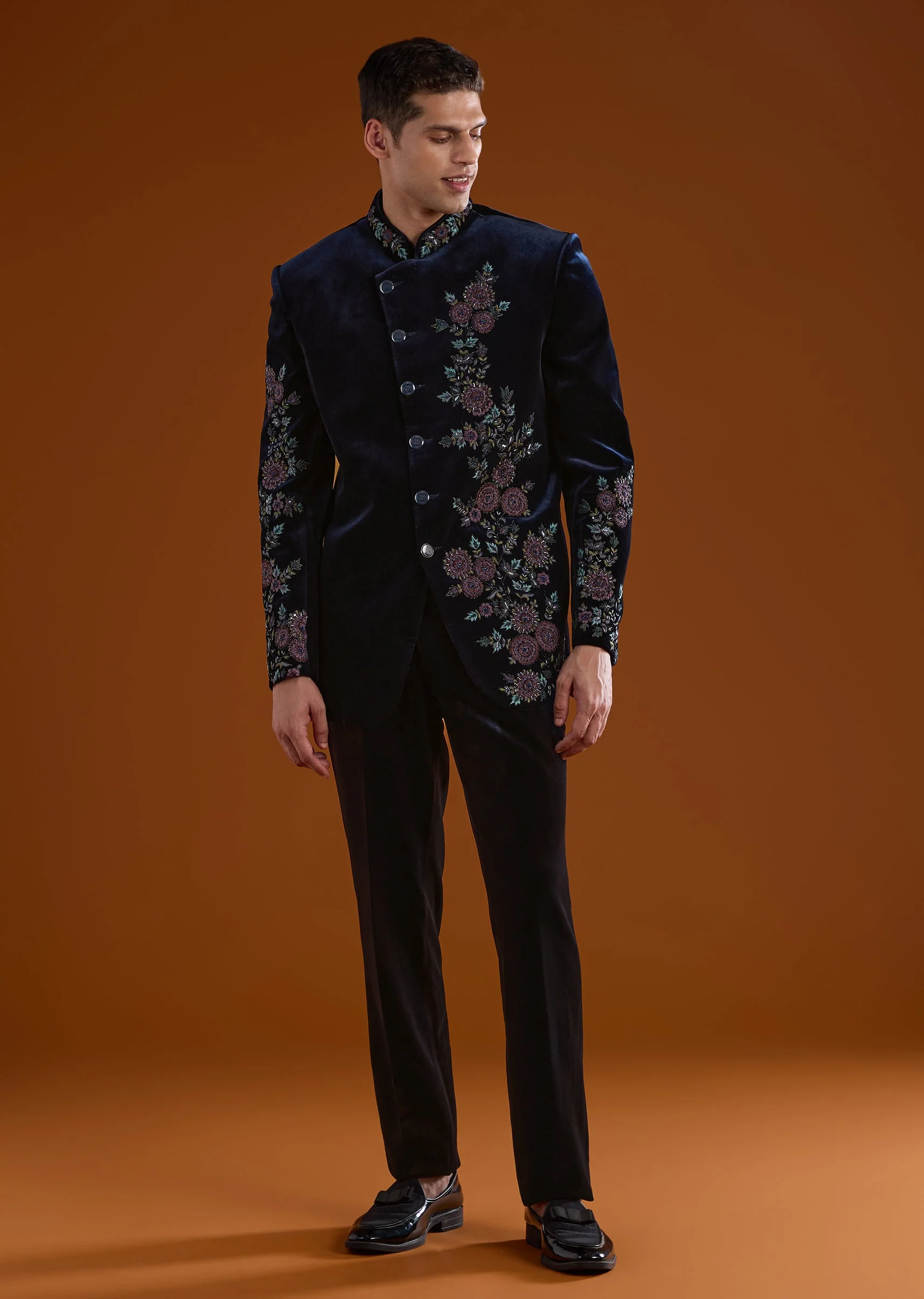 Velvet And Pastel Glamour Couple Set – Blush Pink Fish Cut Lehenga for Her And Blue Velvet Jodhpuri Set for Him - Image 11