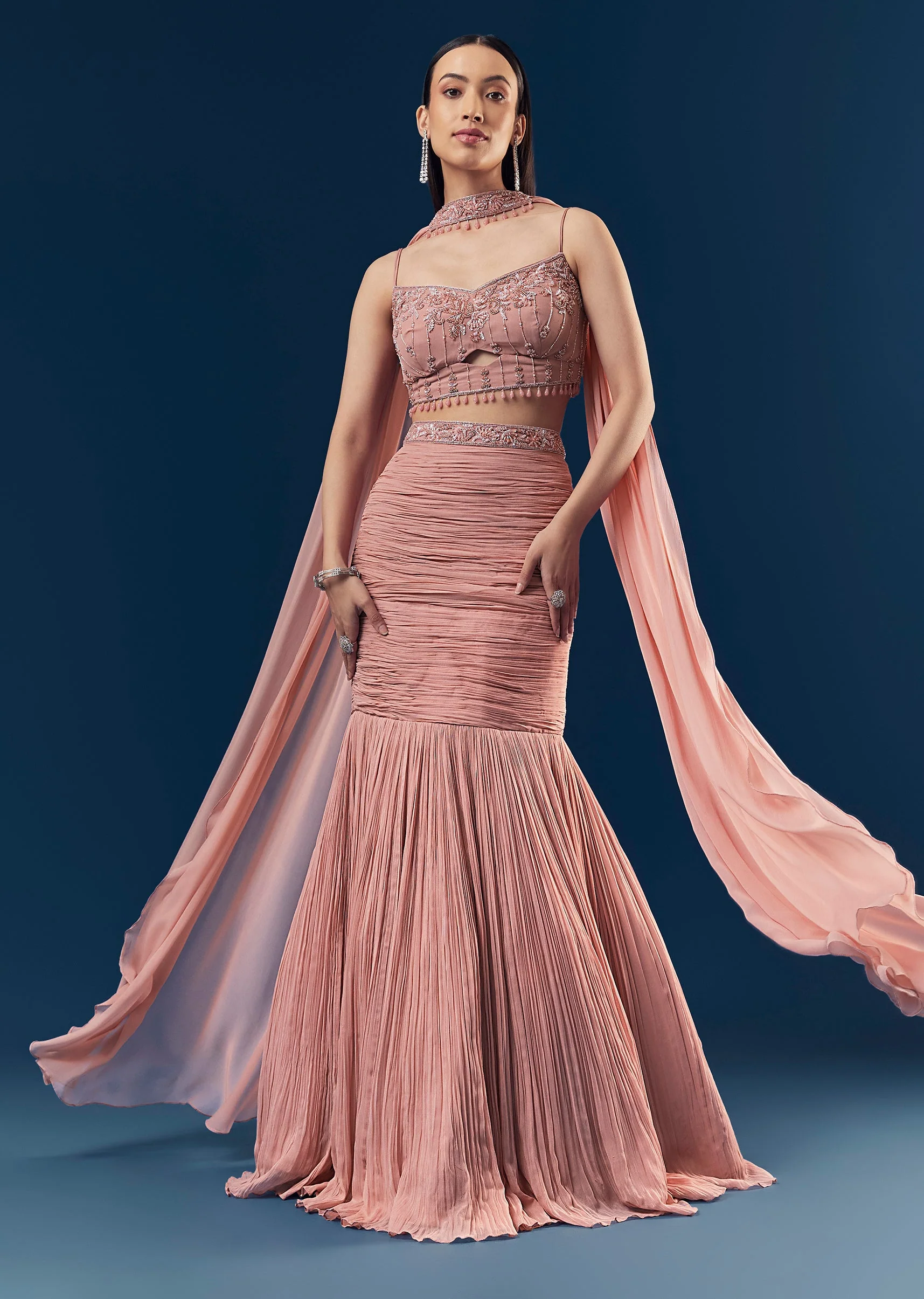Velvet And Pastel Glamour Couple Set – Blush Pink Fish Cut Lehenga for Her And Blue Velvet Jodhpuri Set for Him - Image 3