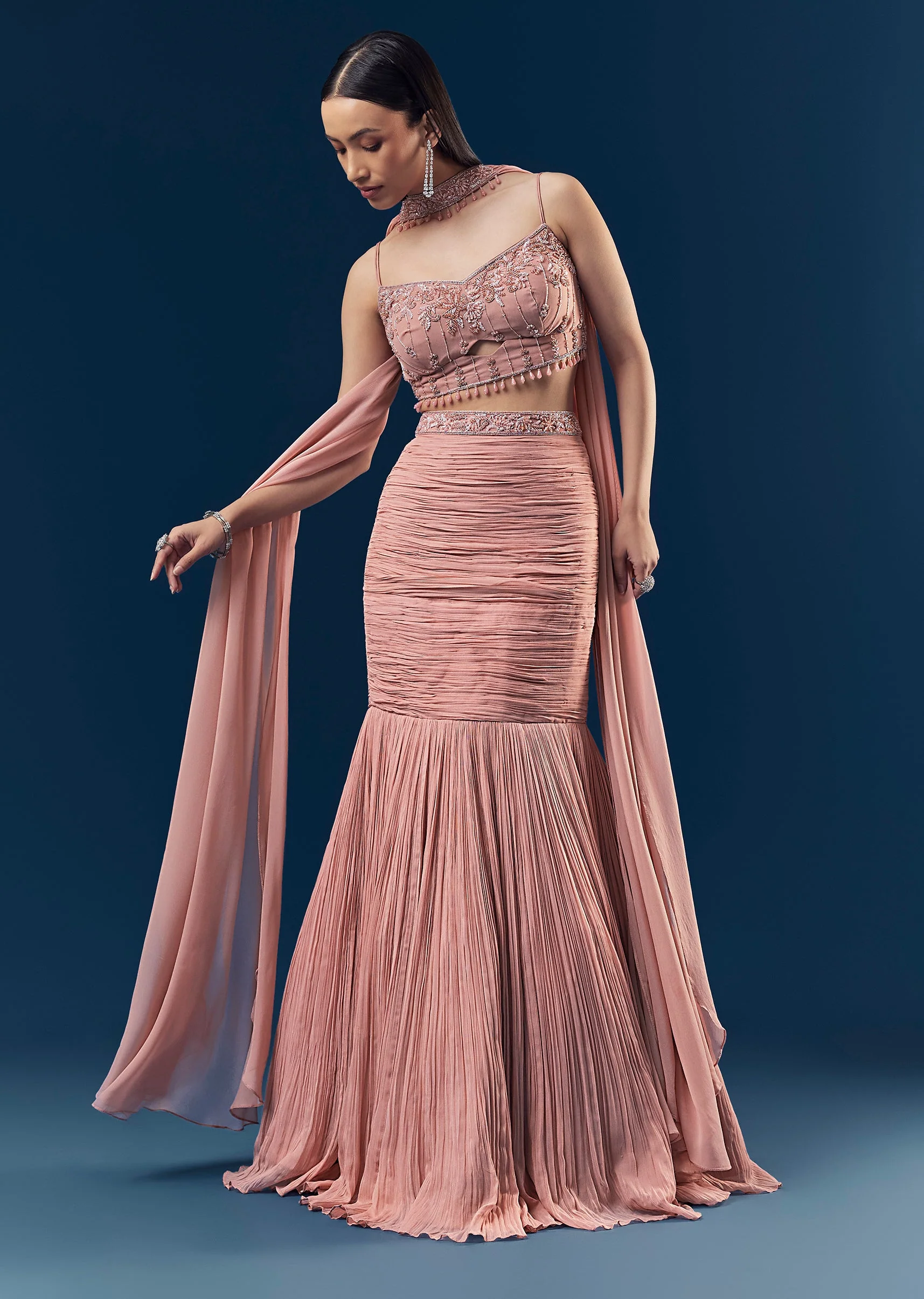 Velvet And Pastel Glamour Couple Set – Blush Pink Fish Cut Lehenga for Her And Blue Velvet Jodhpuri Set for Him - Image 5