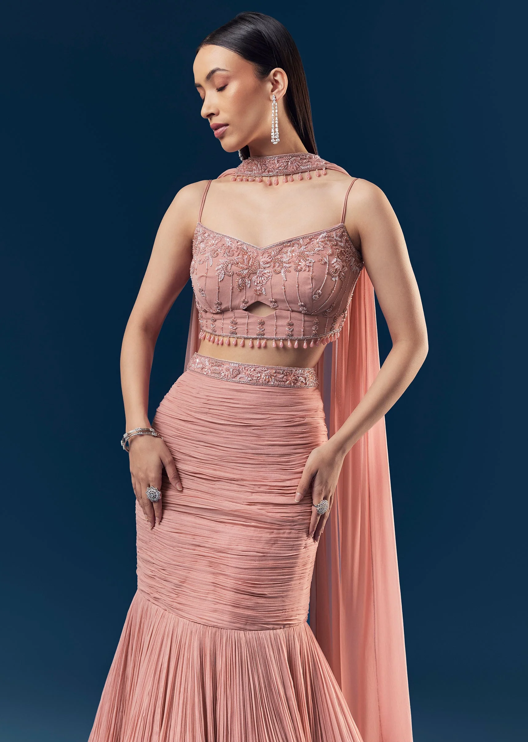 Velvet And Pastel Glamour Couple Set – Blush Pink Fish Cut Lehenga for Her And Blue Velvet Jodhpuri Set for Him - Image 6