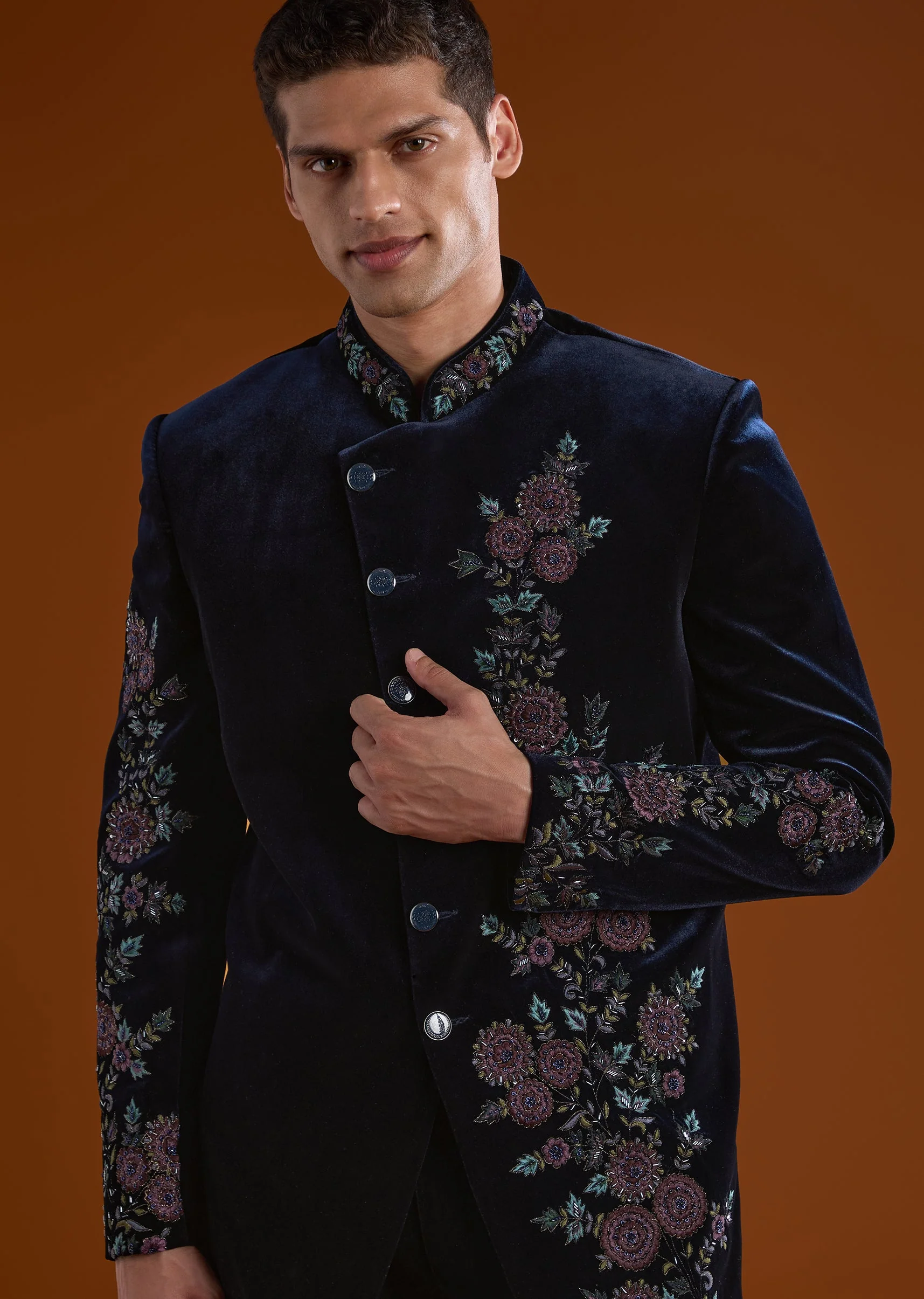 Velvet And Pastel Glamour Couple Set – Blush Pink Fish Cut Lehenga for Her And Blue Velvet Jodhpuri Set for Him - Image 7