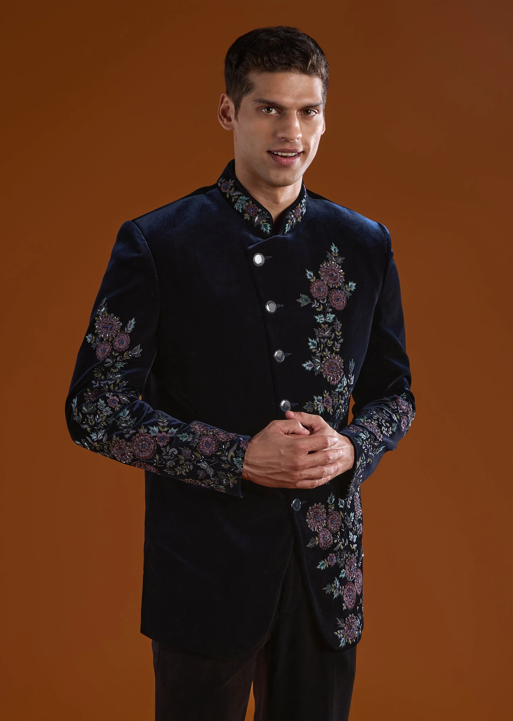 Velvet And Pastel Glamour Couple Set – Blush Pink Fish Cut Lehenga for Her And Blue Velvet Jodhpuri Set for Him - Image 9