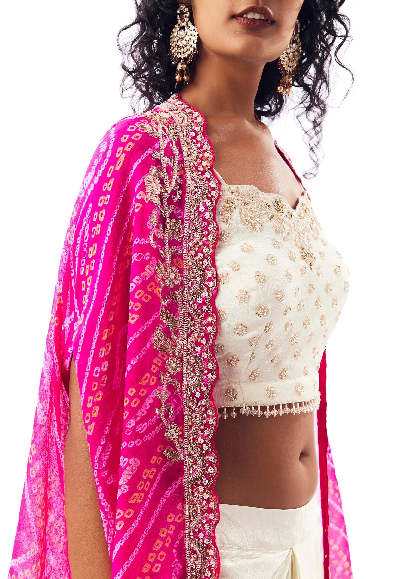 Vibrant Bandhani Festive Couple Set – Bandhani Cape Skirt Set For Her And Pink Silk Tie-Dye Kurta Jacket Set For Him - Image 2