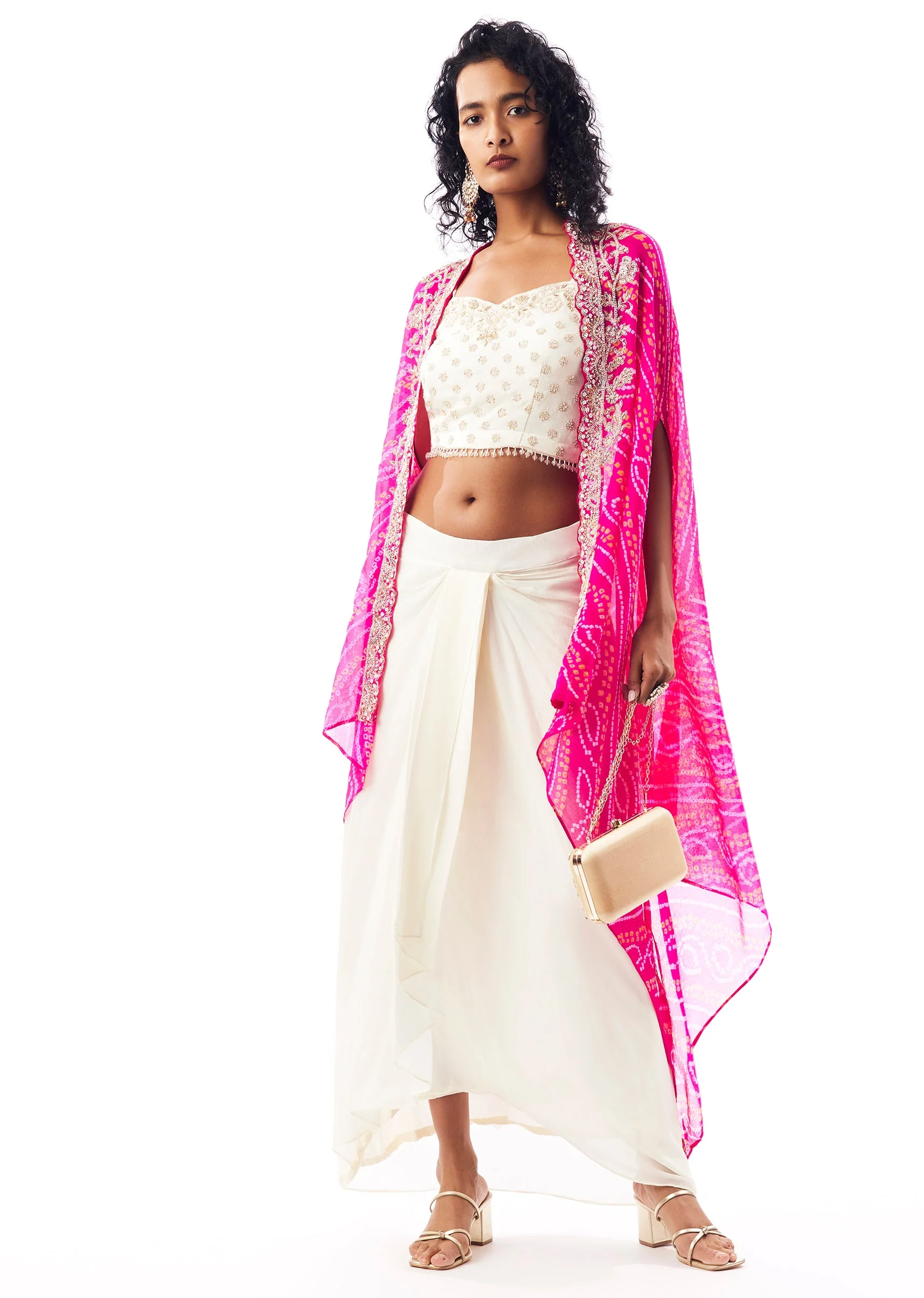 Vibrant Bandhani Festive Couple Set – Bandhani Cape Skirt Set For Her And Pink Silk Tie-Dye Kurta Jacket Set For Him - Image 3
