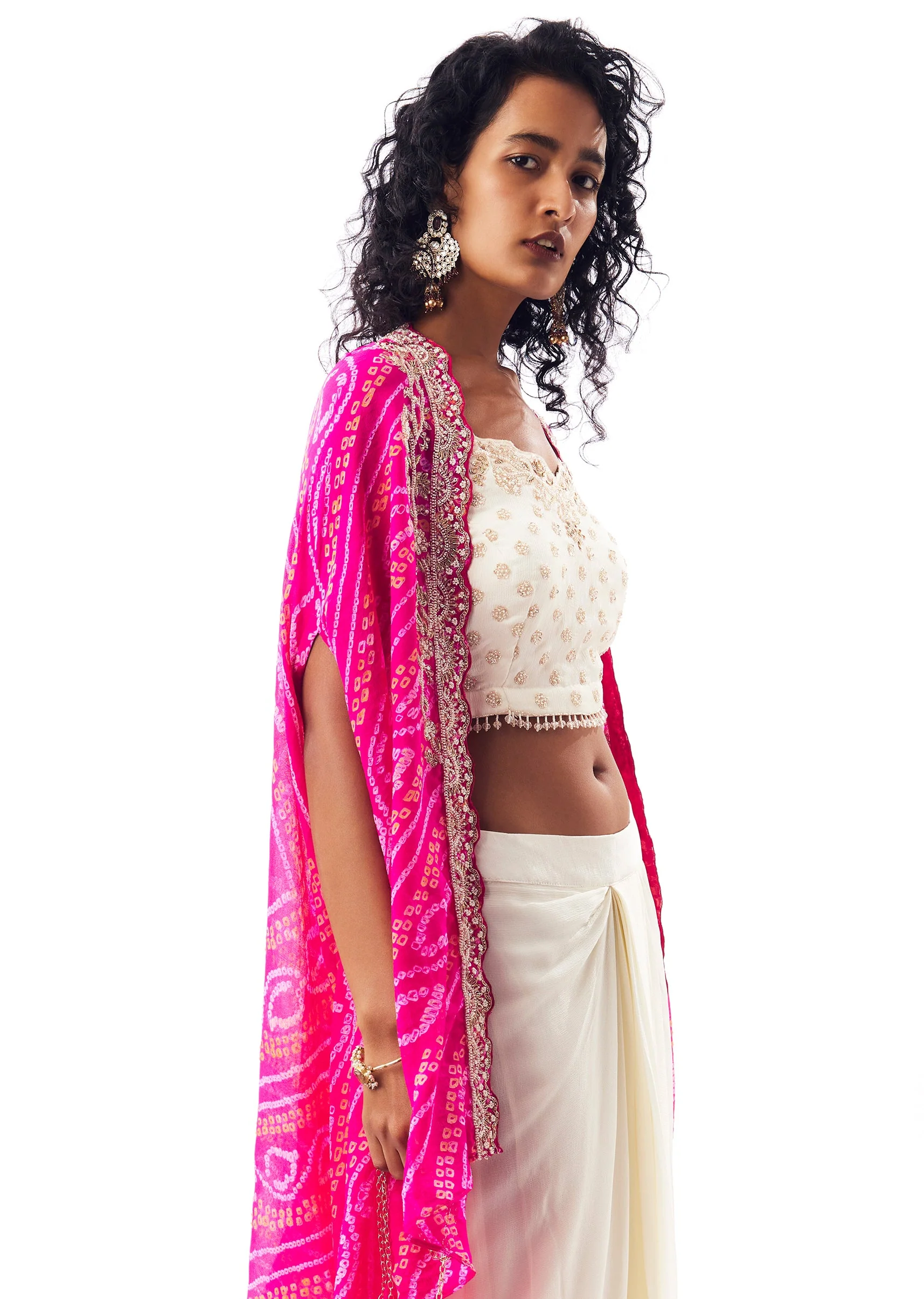 Vibrant Bandhani Festive Couple Set – Bandhani Cape Skirt Set For Her And Pink Silk Tie-Dye Kurta Jacket Set For Him - Image 4