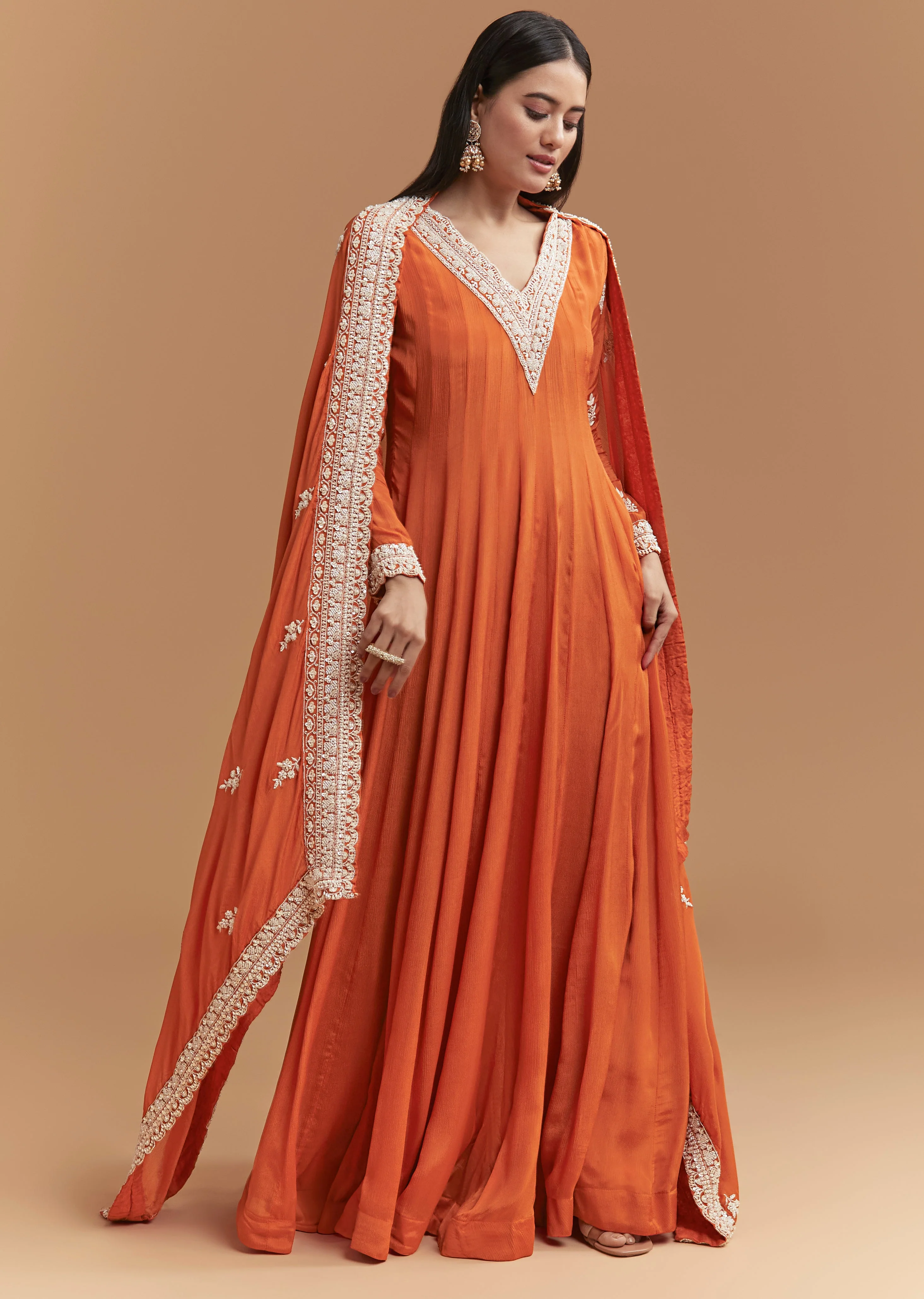 Vibrant Celebration Couple Set – Orange Chinon Hand-Embroidered Anarkali for Her And Orange Silk Kurta Jacket Set with Zardosi Work for Him - Image 3