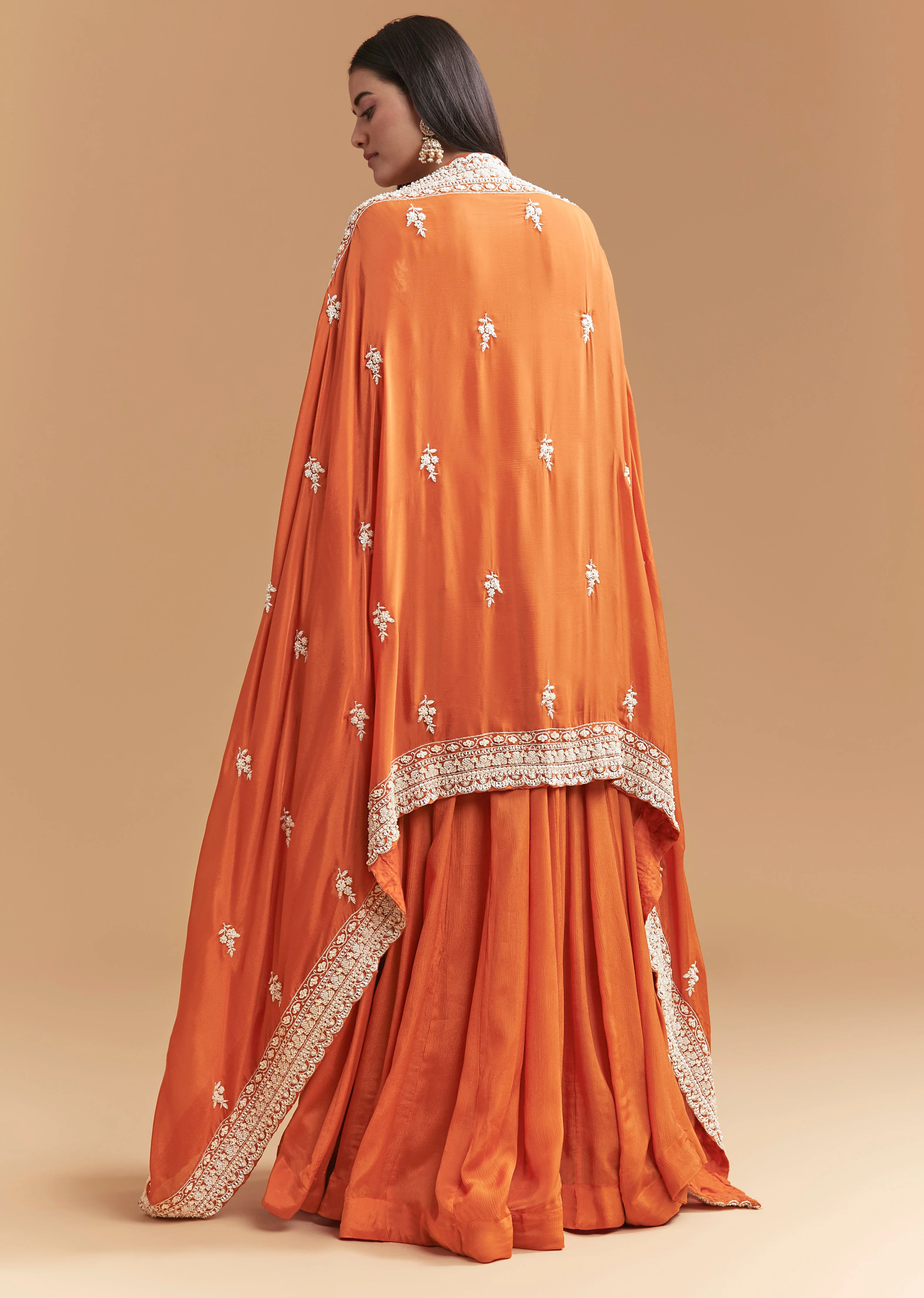 Vibrant Celebration Couple Set – Orange Chinon Hand-Embroidered Anarkali for Her And Orange Silk Kurta Jacket Set with Zardosi Work for Him - Image 5
