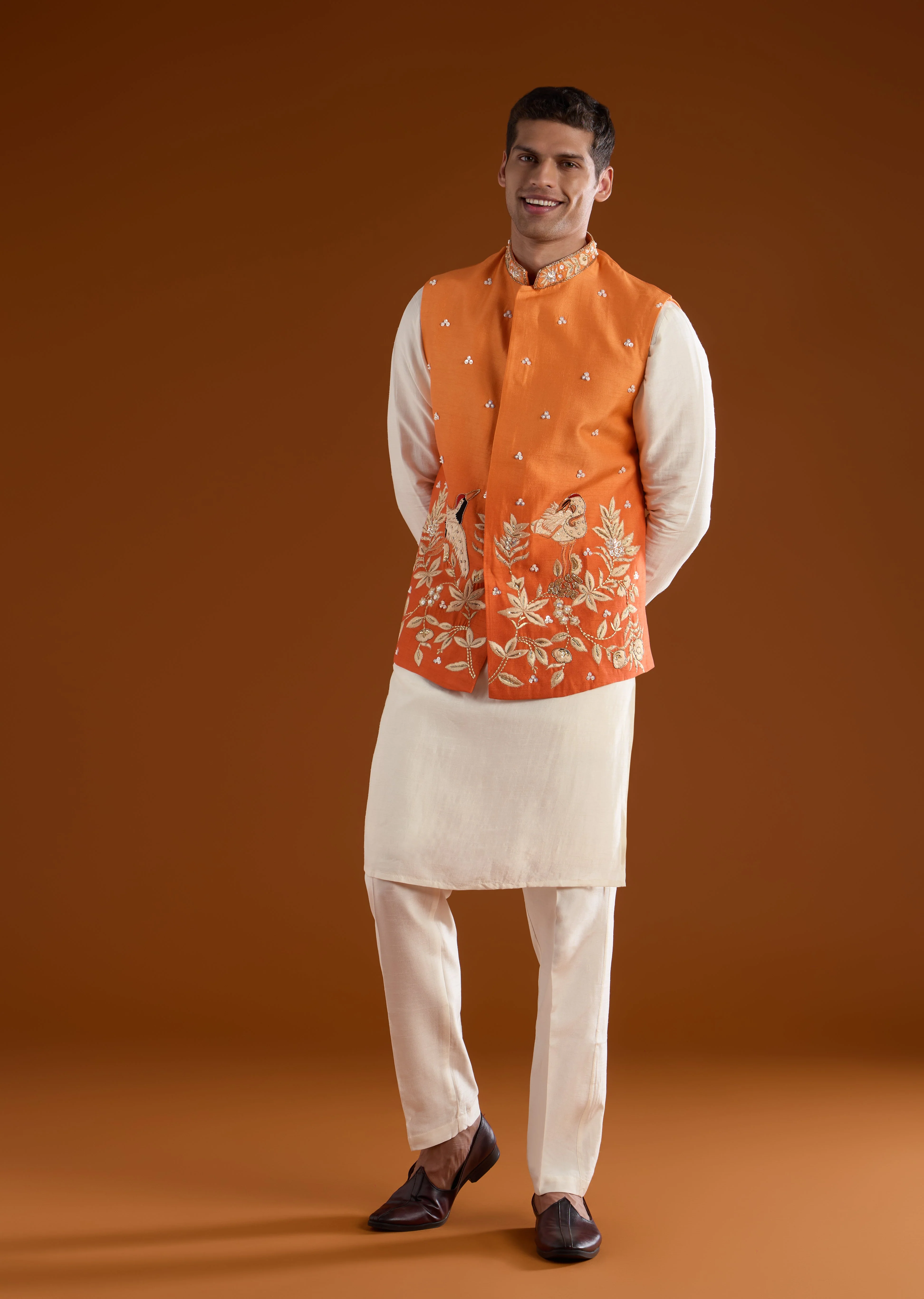 Vibrant Celebration Couple Set – Orange Chinon Hand-Embroidered Anarkali for Her And Orange Silk Kurta Jacket Set with Zardosi Work for Him - Image 7