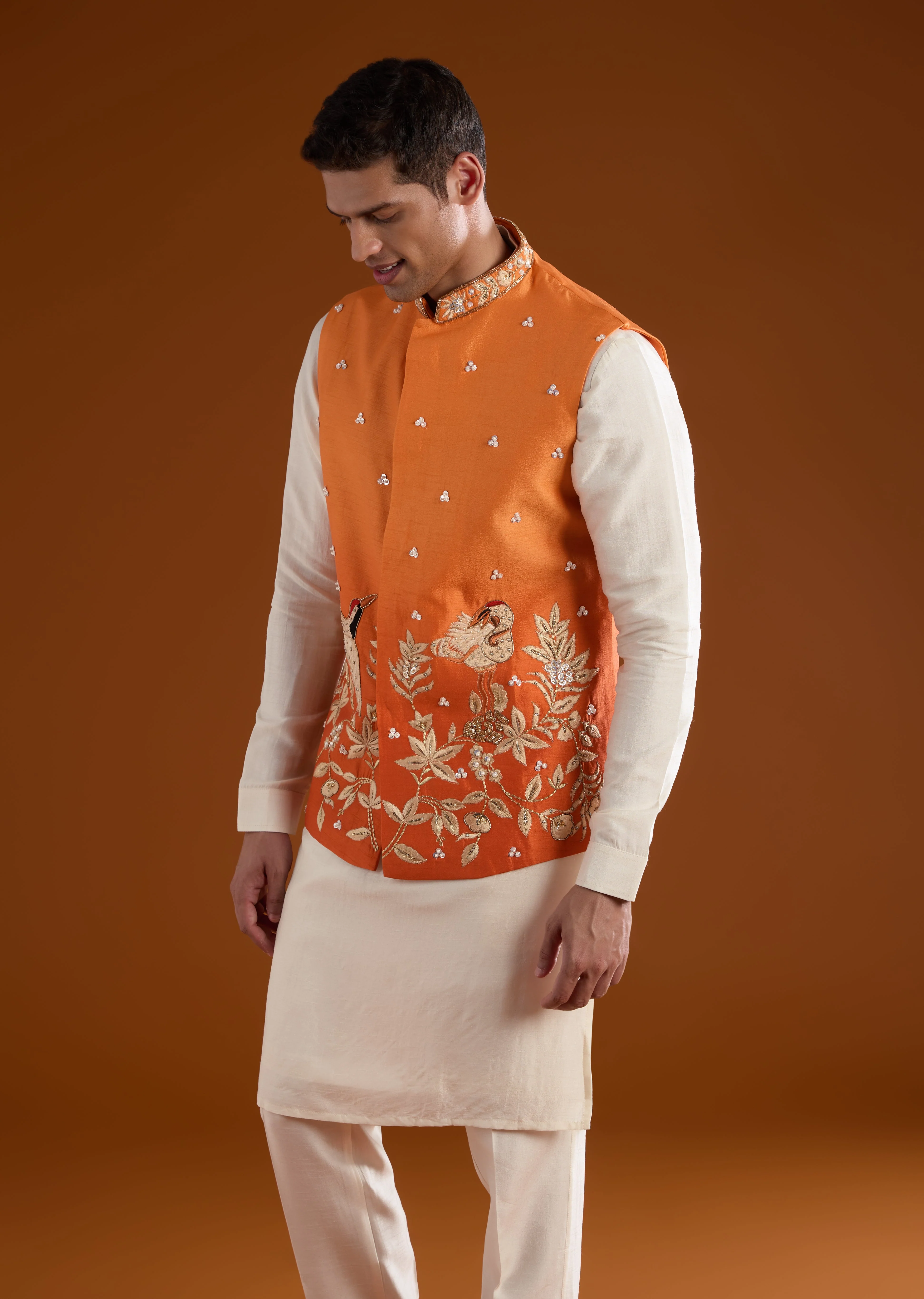 Vibrant Celebration Couple Set – Orange Chinon Hand-Embroidered Anarkali for Her And Orange Silk Kurta Jacket Set with Zardosi Work for Him - Image 8