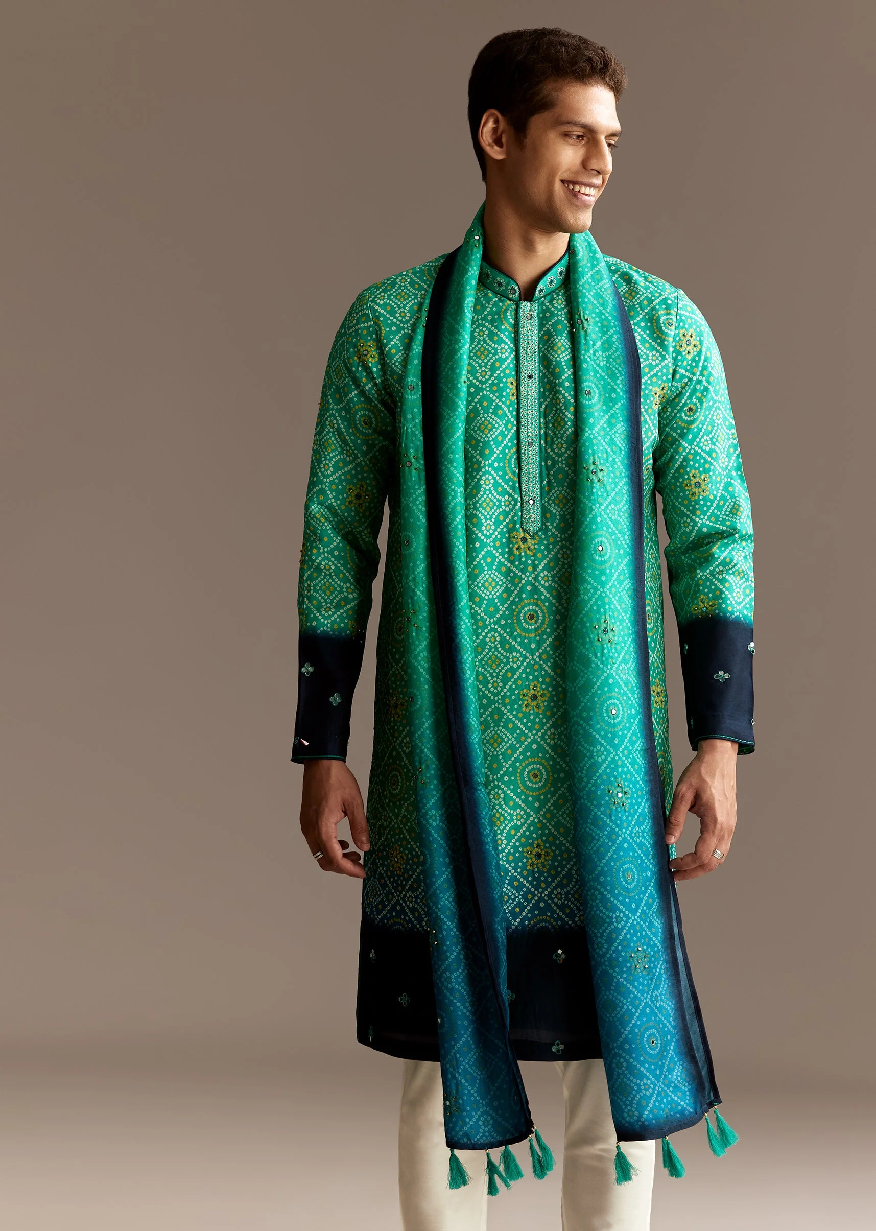 Vibrant Ombre Couple Set – Green Satin Ombre Saree With Gota Patti Embroidery For Her And Green Bandhani Kurta Set With Dupatta For Him - Image 11