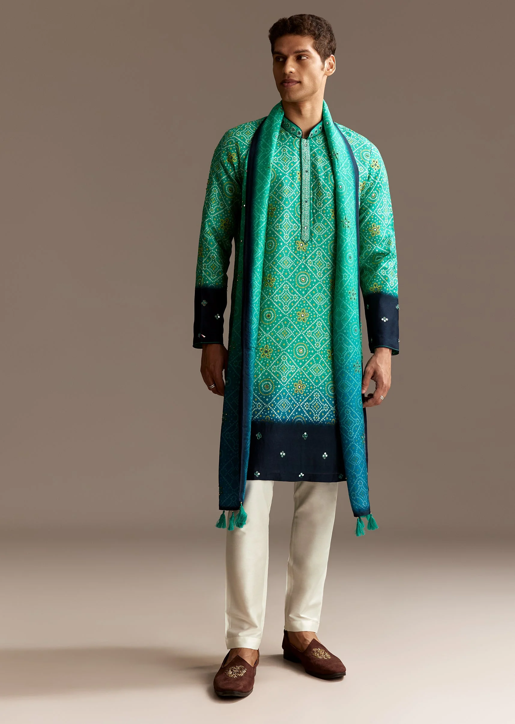 Vibrant Ombre Couple Set – Green Satin Ombre Saree With Gota Patti Embroidery For Her And Green Bandhani Kurta Set With Dupatta For Him - Image 12