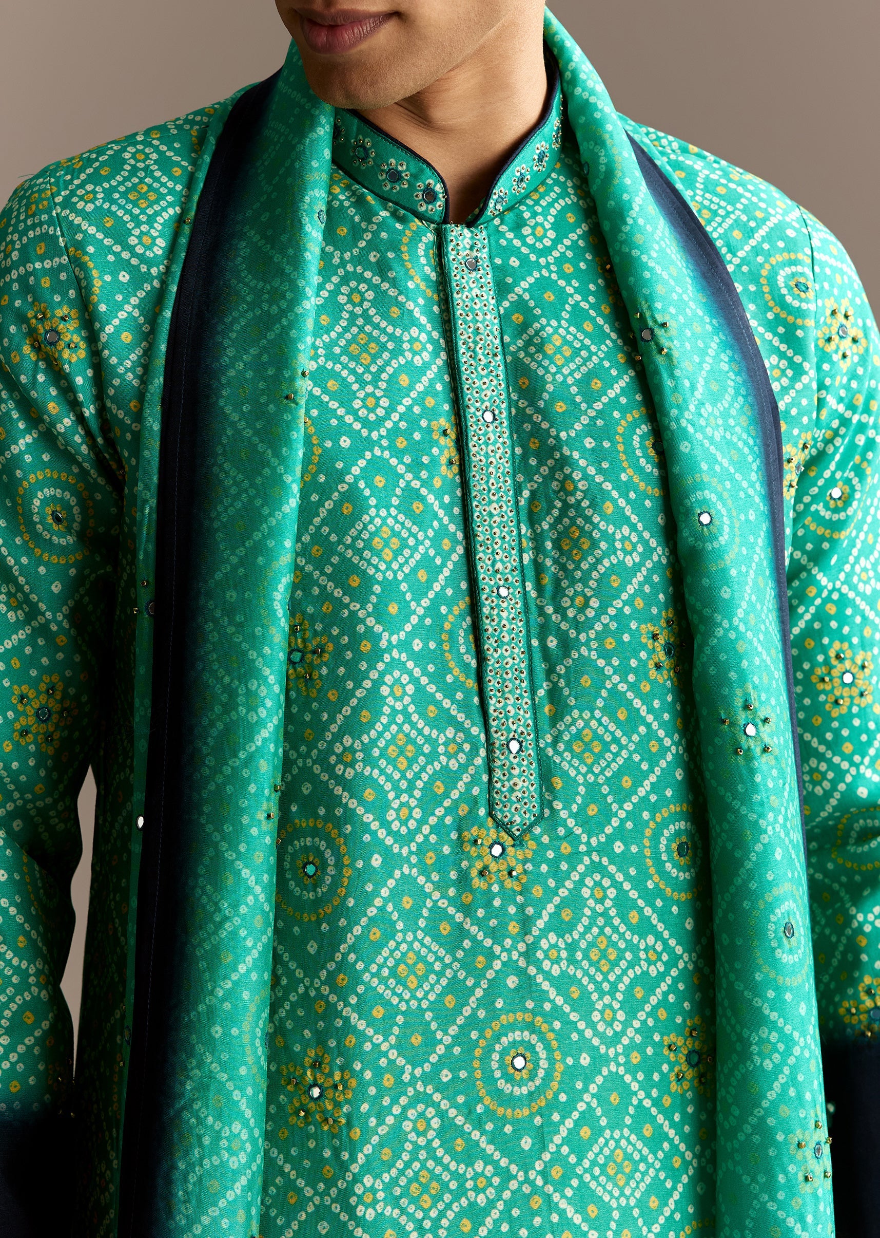 Vibrant Ombre Couple Set – Green Satin Ombre Saree With Gota Patti Embroidery For Her And Green Bandhani Kurta Set With Dupatta For Him - Image 13