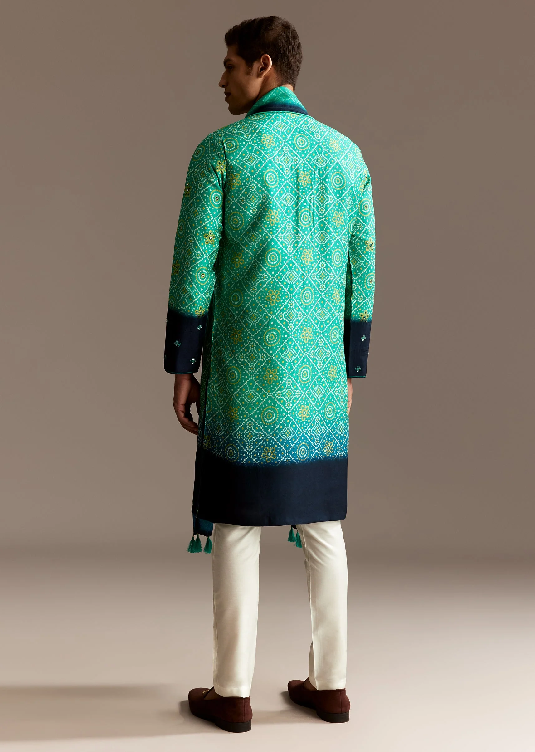 Vibrant Ombre Couple Set – Green Satin Ombre Saree With Gota Patti Embroidery For Her And Green Bandhani Kurta Set With Dupatta For Him - Image 15