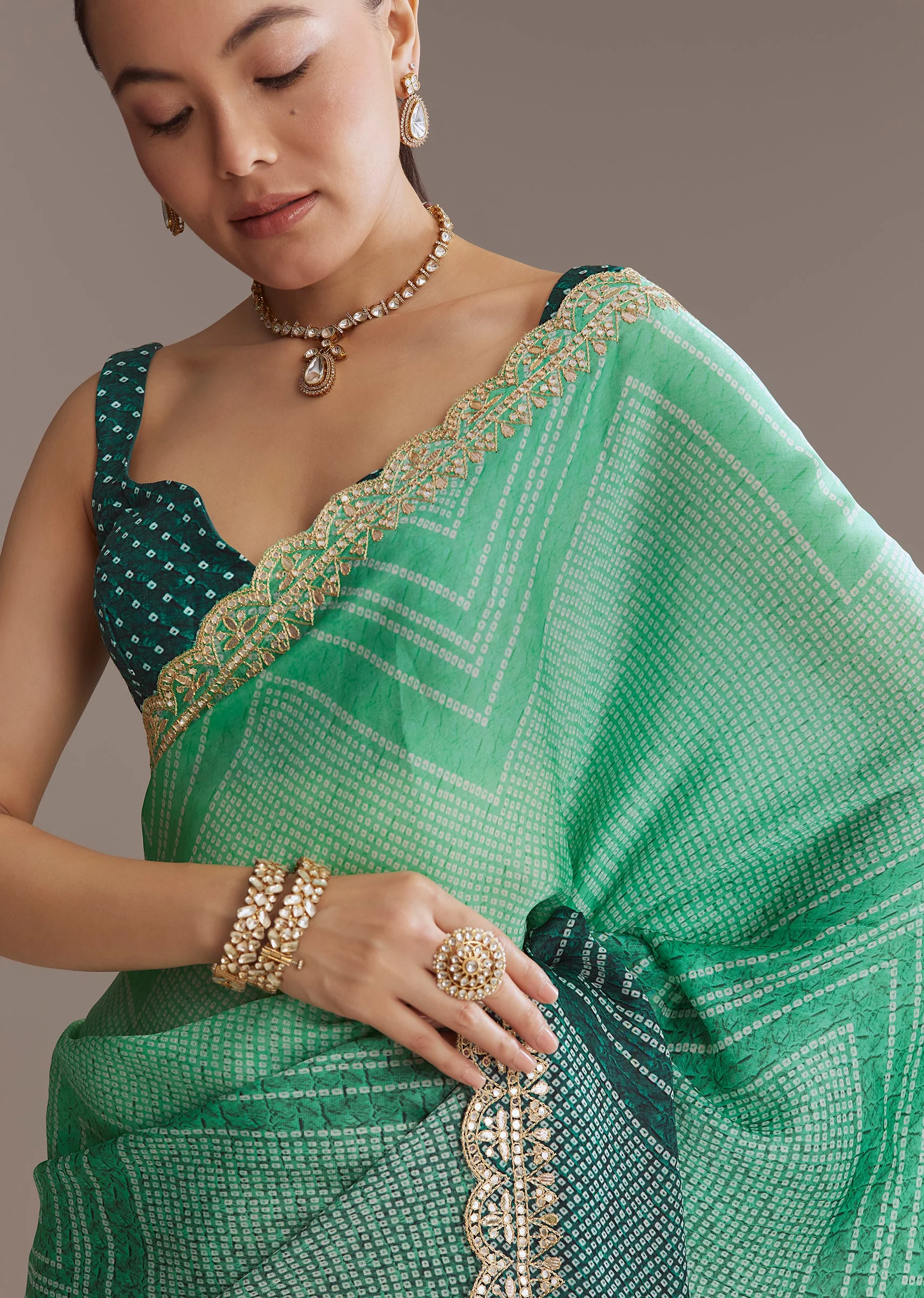 Vibrant Ombre Couple Set – Green Satin Ombre Saree With Gota Patti Embroidery For Her And Green Bandhani Kurta Set With Dupatta For Him - Image 2
