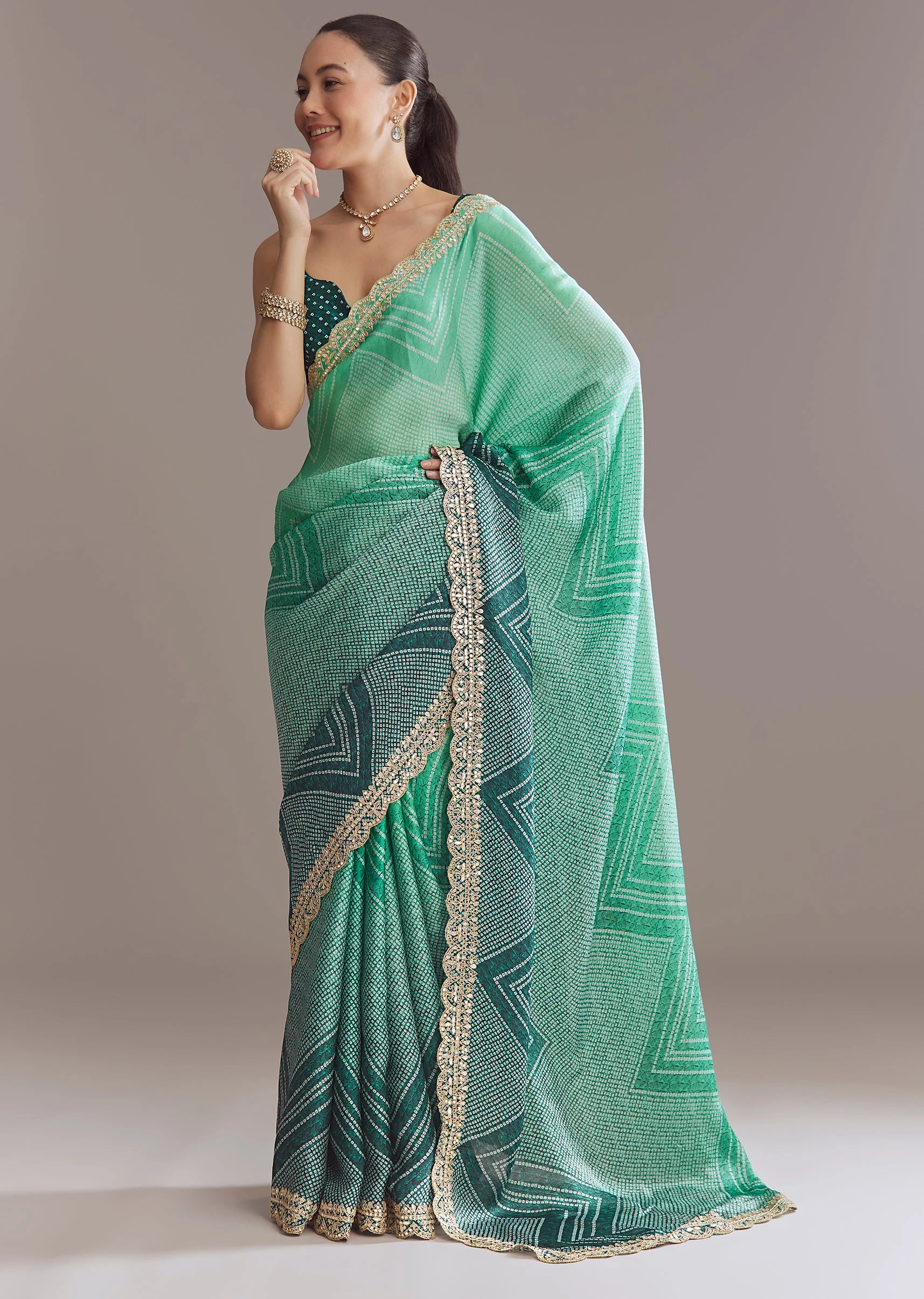 Vibrant Ombre Couple Set – Green Satin Ombre Saree With Gota Patti Embroidery For Her And Green Bandhani Kurta Set With Dupatta For Him - Image 3