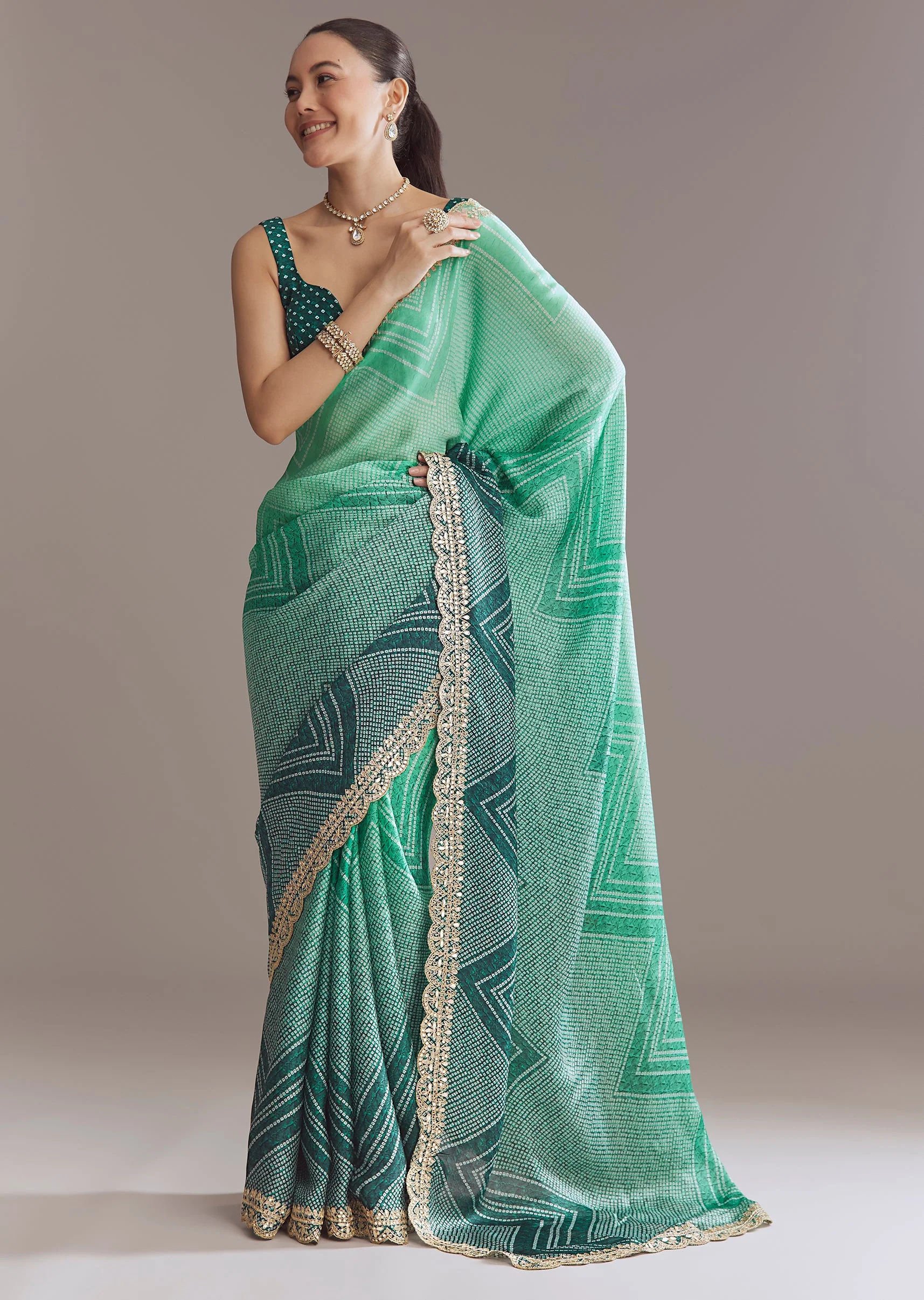 Vibrant Ombre Couple Set – Green Satin Ombre Saree With Gota Patti Embroidery For Her And Green Bandhani Kurta Set With Dupatta For Him - Image 5