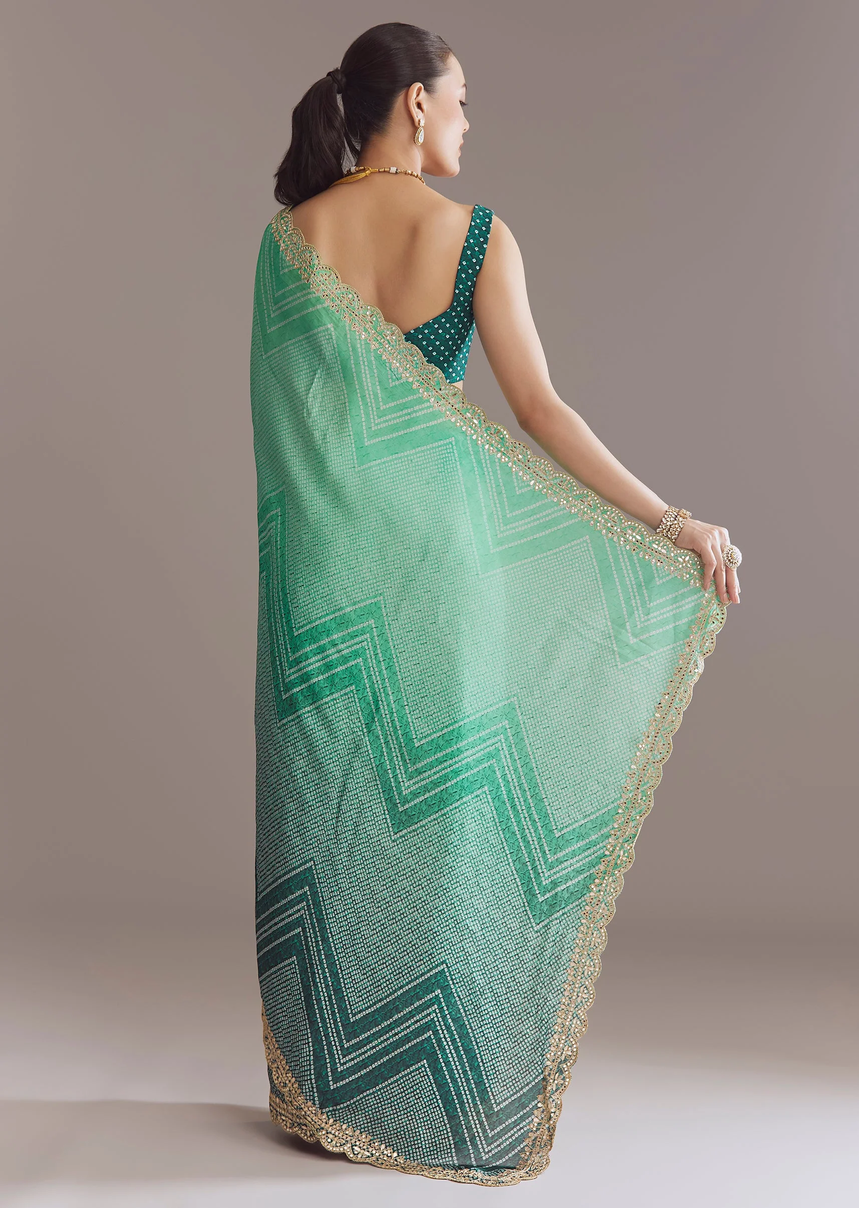 Vibrant Ombre Couple Set – Green Satin Ombre Saree With Gota Patti Embroidery For Her And Green Bandhani Kurta Set With Dupatta For Him - Image 7