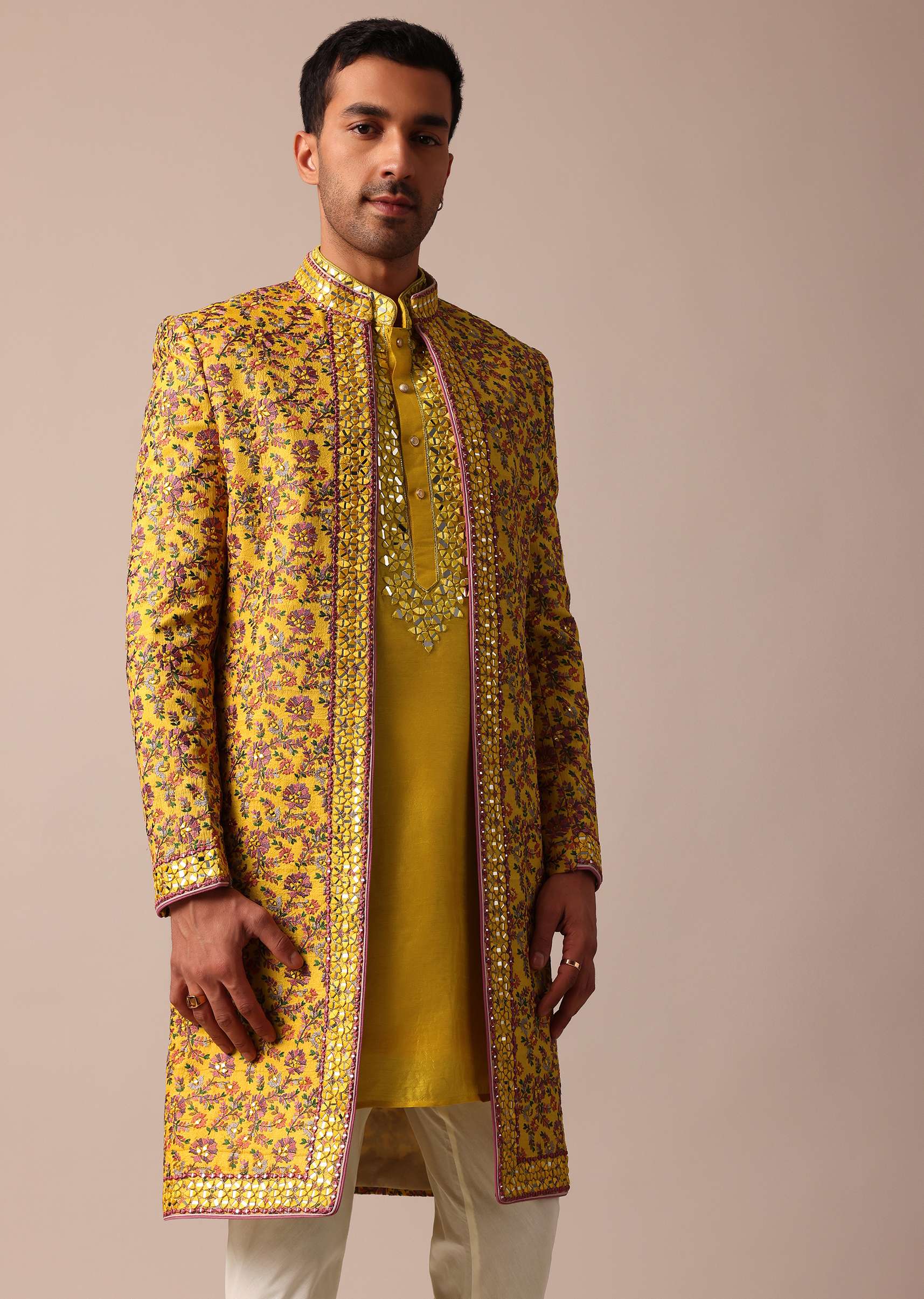 Vibrant Yellow Silk Embroidered Sherwani Set - Image 4