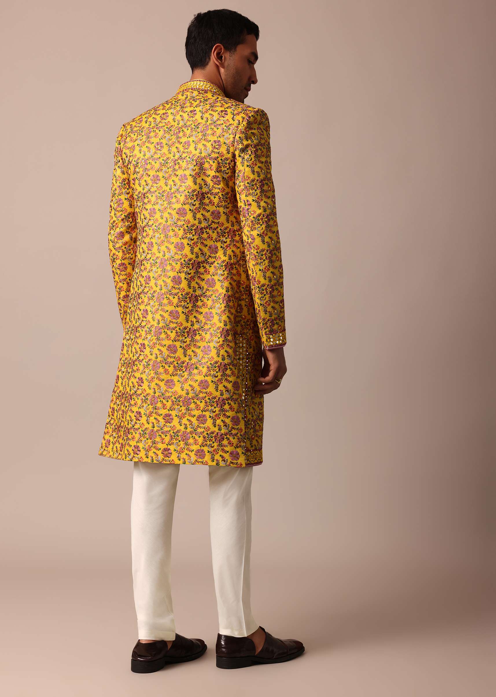 Vibrant Yellow Silk Embroidered Sherwani Set - Image 5