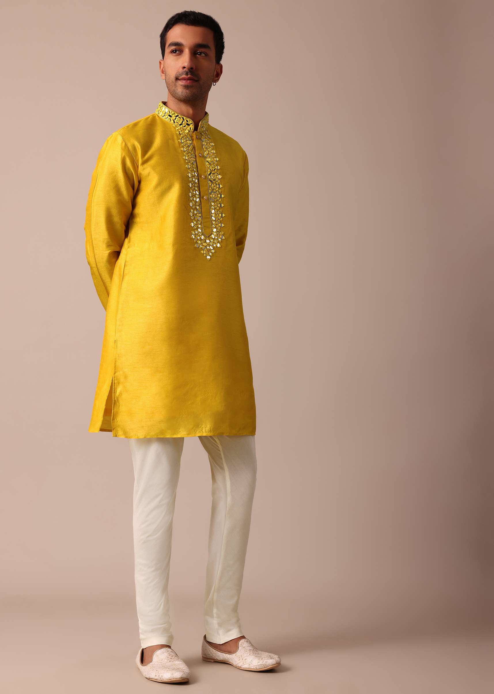 Vibrant Yellow Silk Embroidered Sherwani Set - Image 6