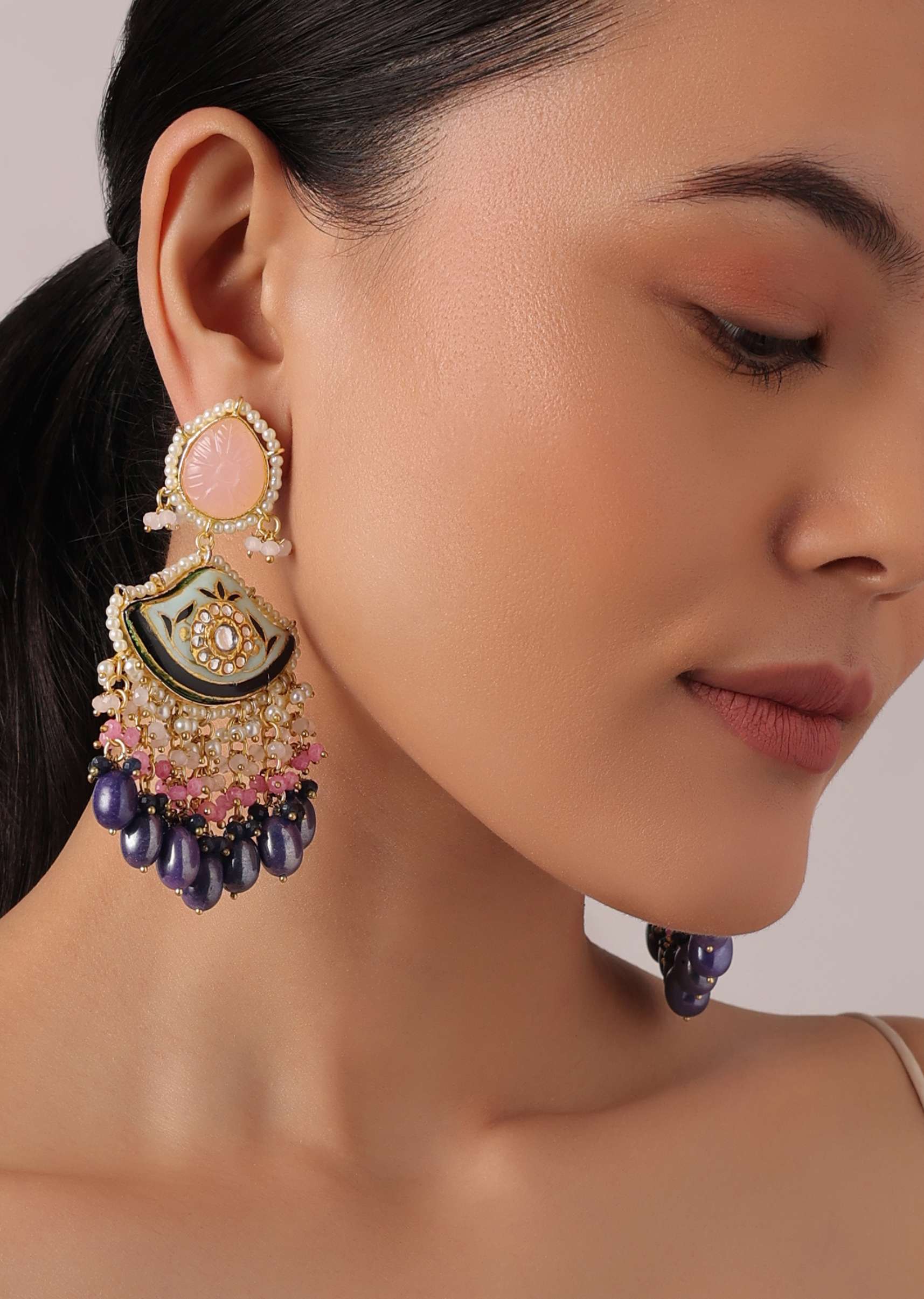 Violet Danglers With Evil Eye Meenakari Motif And Bead Drops - Image 2
