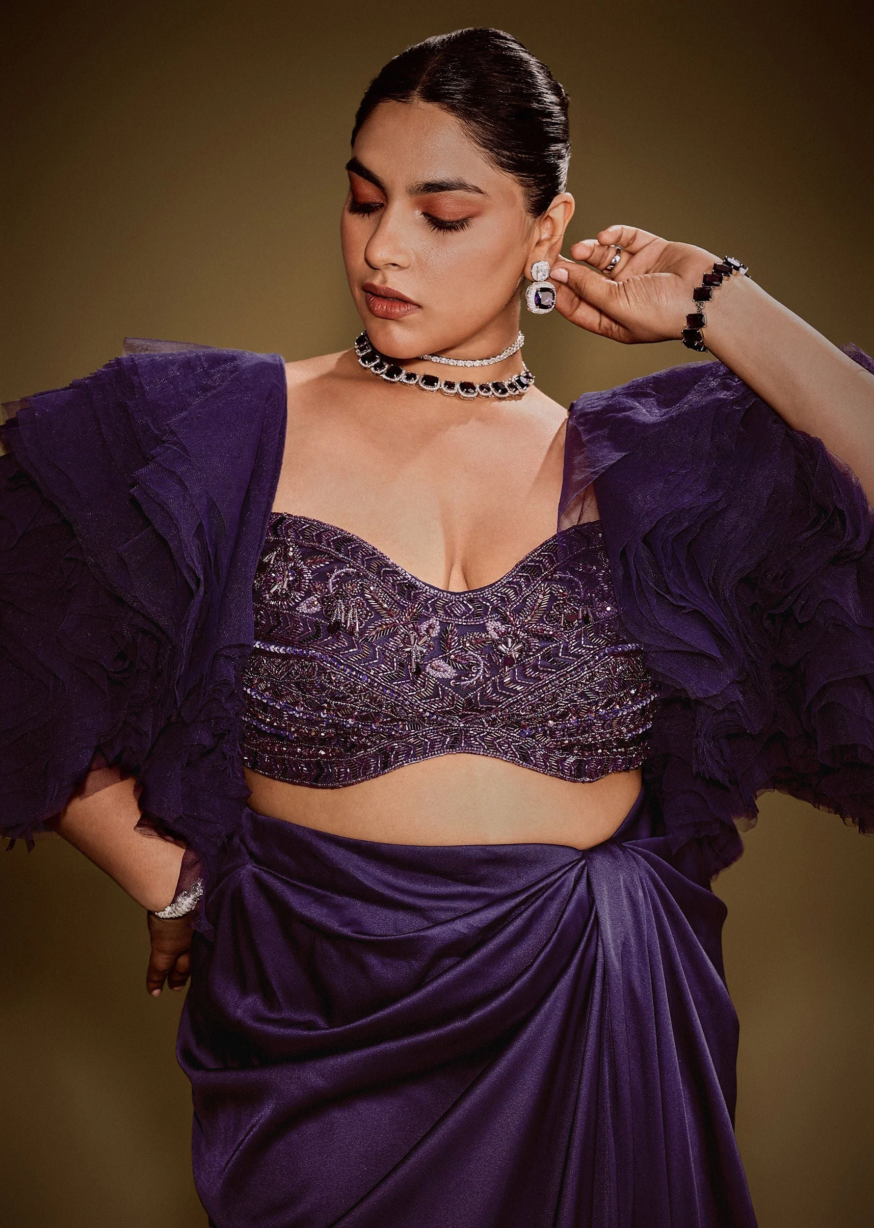 Violet Drape Skirt Set With Sleeveless Blouse And Ruffle Jacket - Image 3