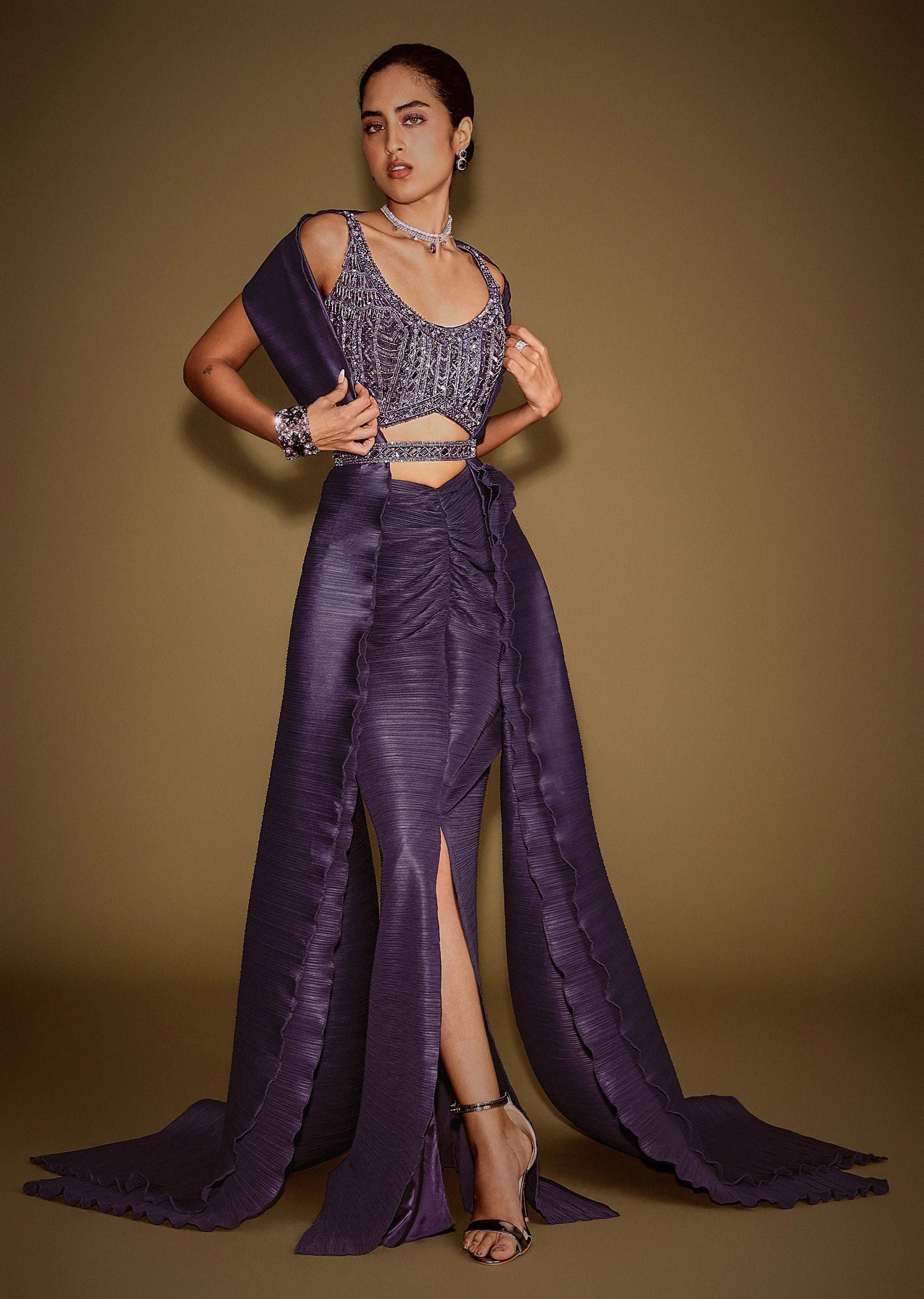 Violet Drape Skirt With Embroidered Blouse Belt And Dupatta - Image 4