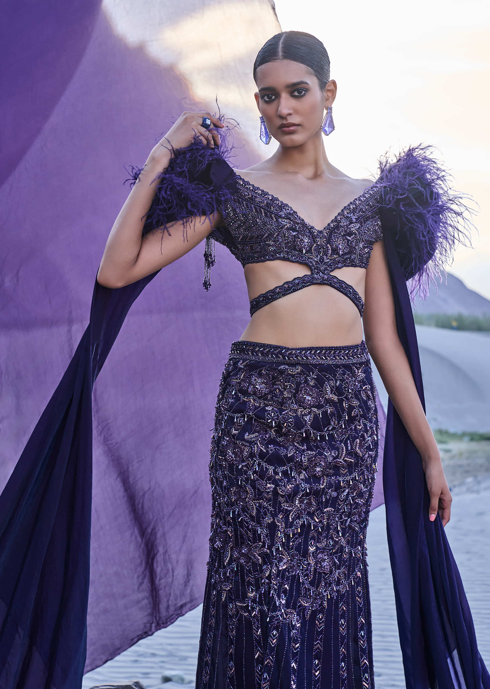 Violet Embroidered Fish Cut Lehenga Set With Attached Trail - Image 2