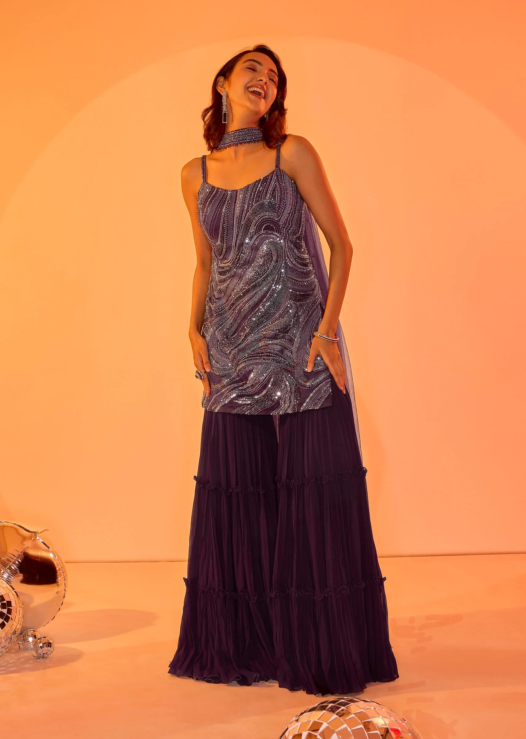 Violet Embroidered Kurti With Ruching Sharara - Image 4