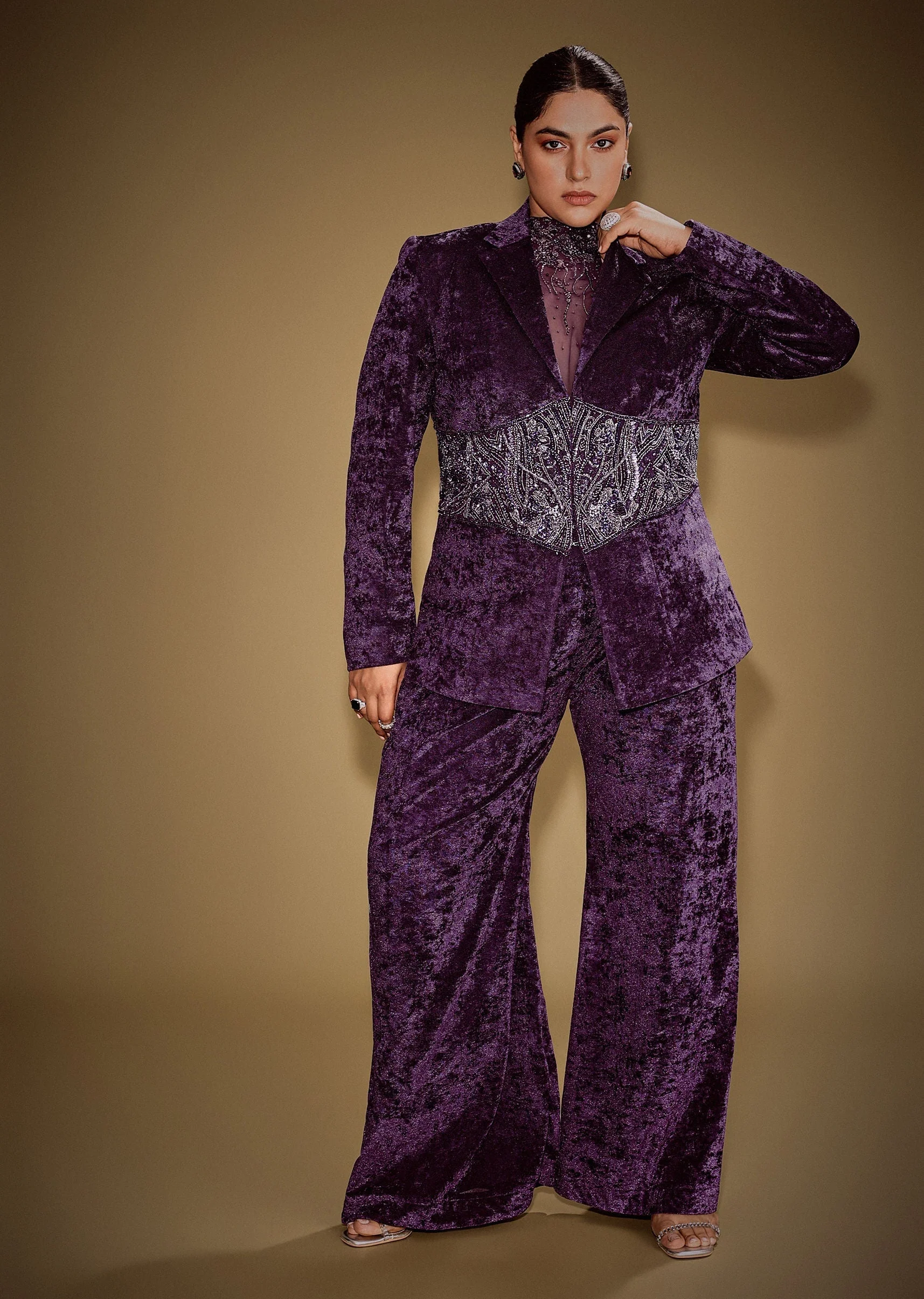 Violet Embroidered Velvet Blazer Set With Polo Neck Top And Pants - Image 3