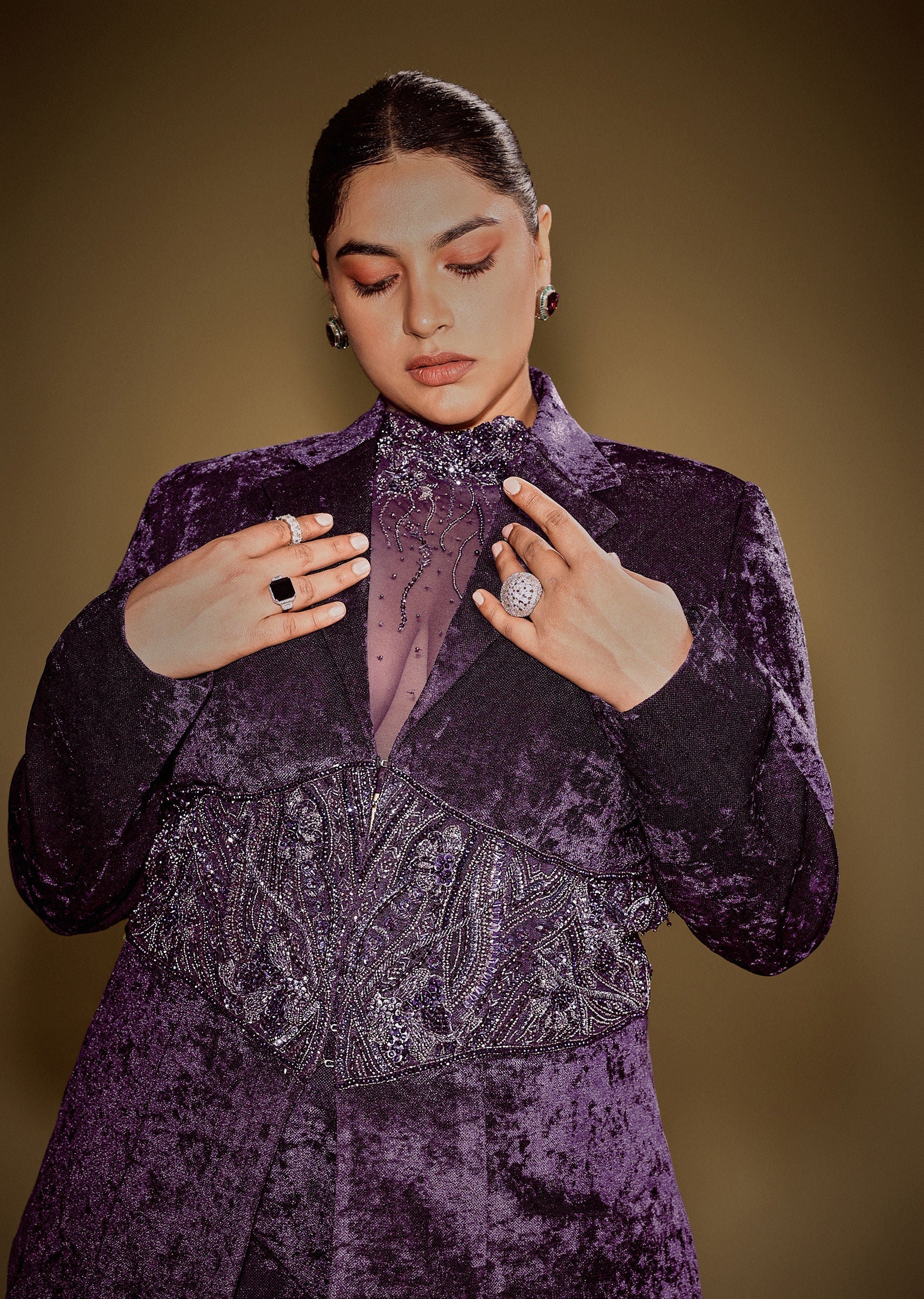 Violet Embroidered Velvet Blazer Set With Polo Neck Top And Pants - Image 4