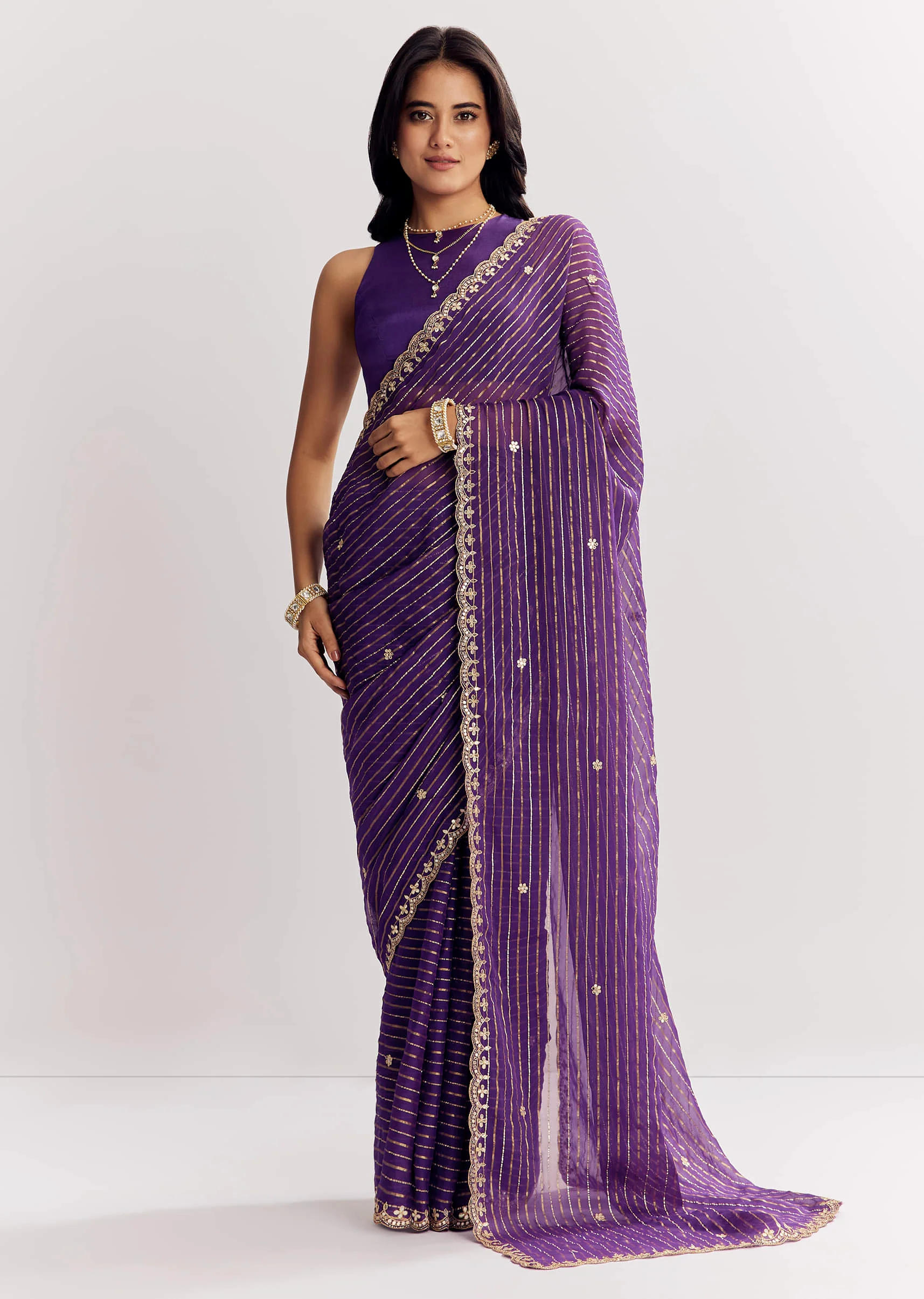 Violet Georgette Saree With Foil Stripes And Gota Patti Mirror Work - Image 5