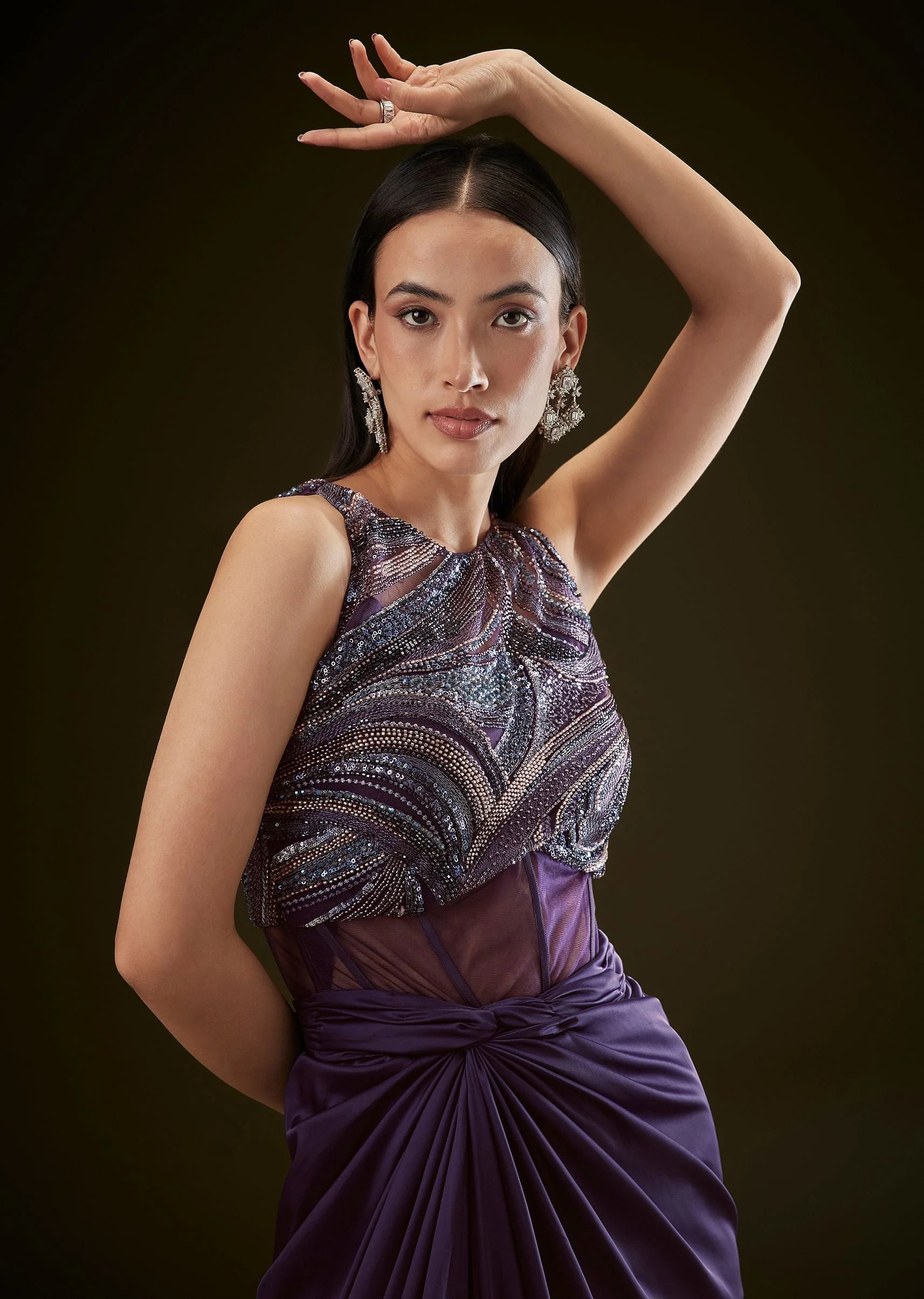 Violet High Neck Embroidered Corset Gown With Twisted Drape - Image 2