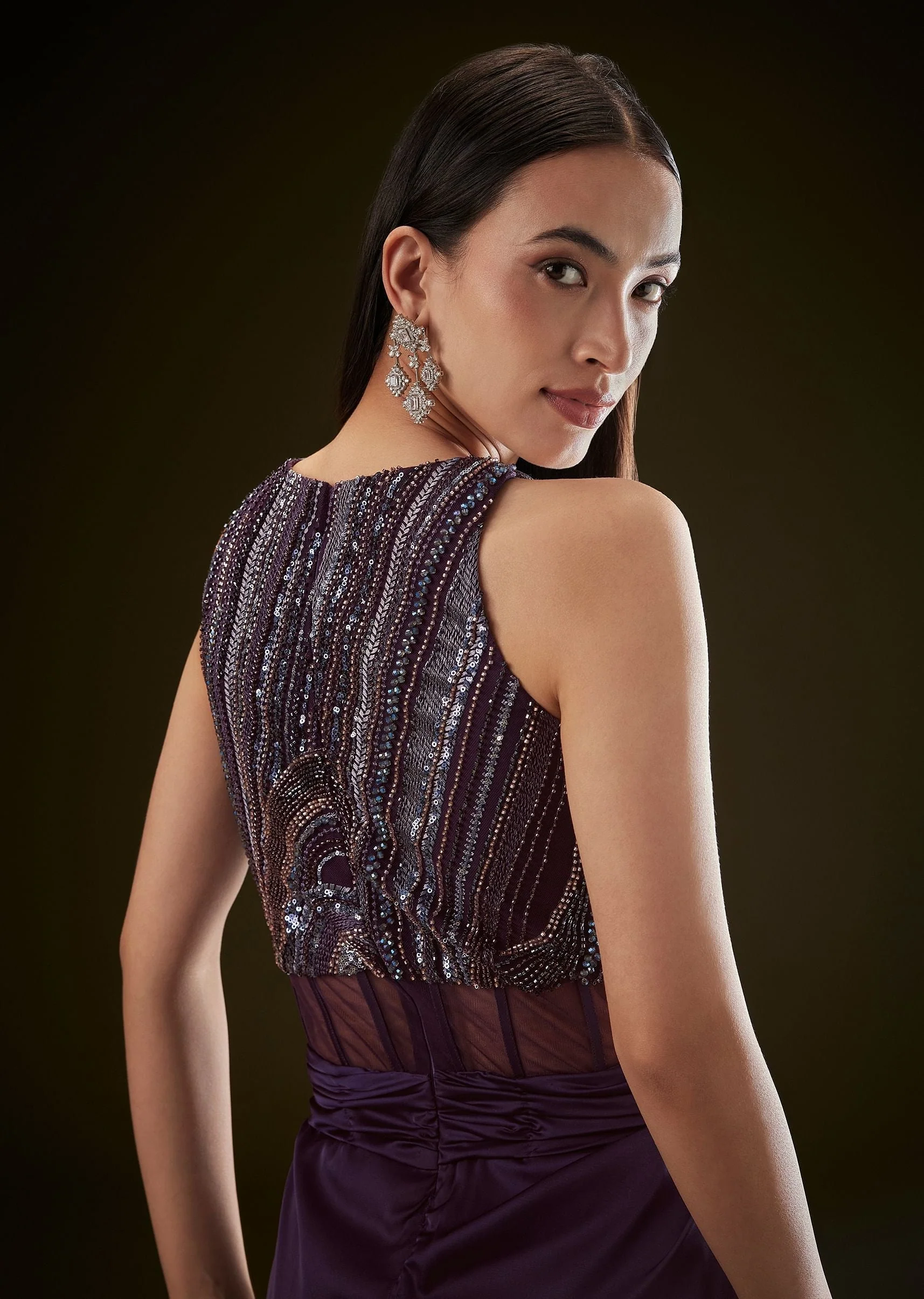 Violet High Neck Embroidered Corset Gown With Twisted Drape - Image 4