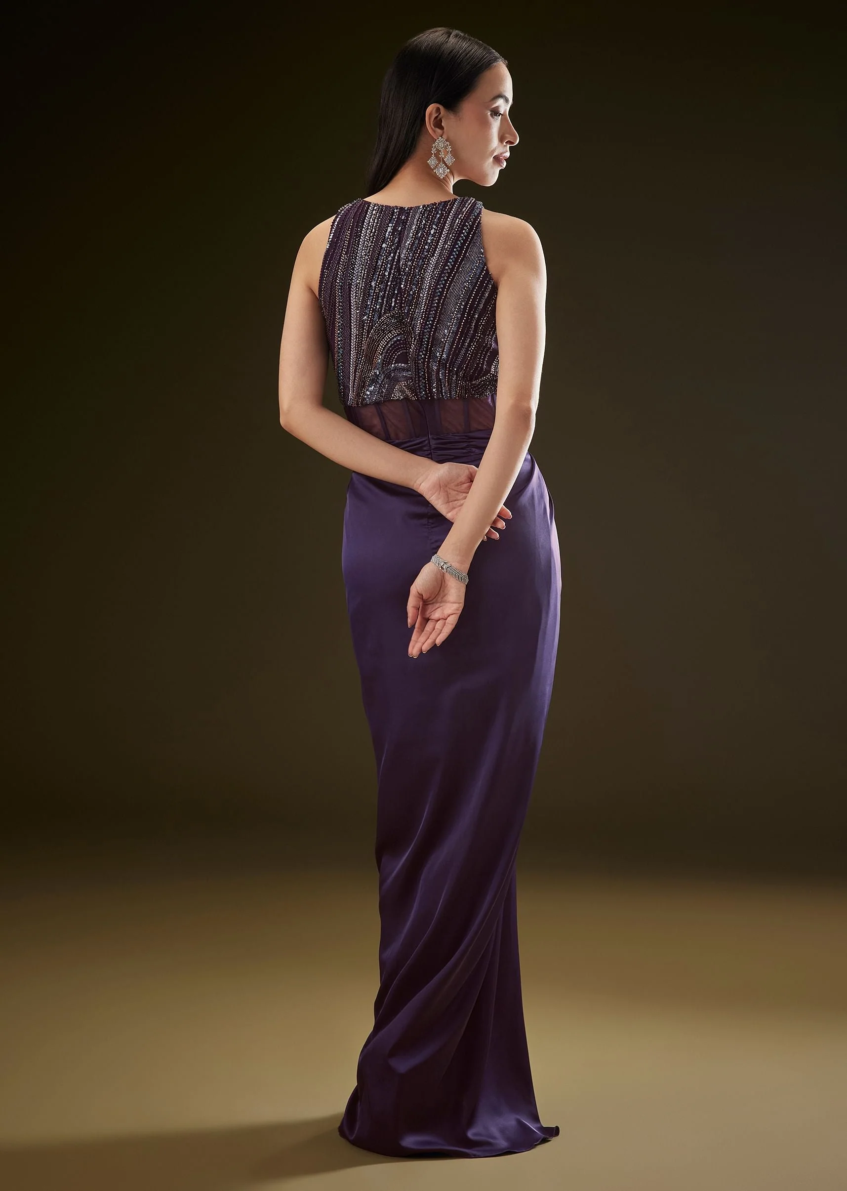 Violet High Neck Embroidered Corset Gown With Twisted Drape - Image 6