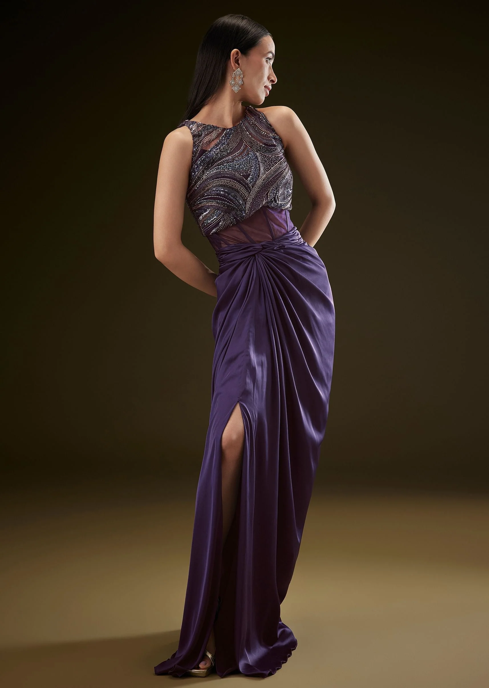 Violet High Neck Embroidered Corset Gown With Twisted Drape - Image 7