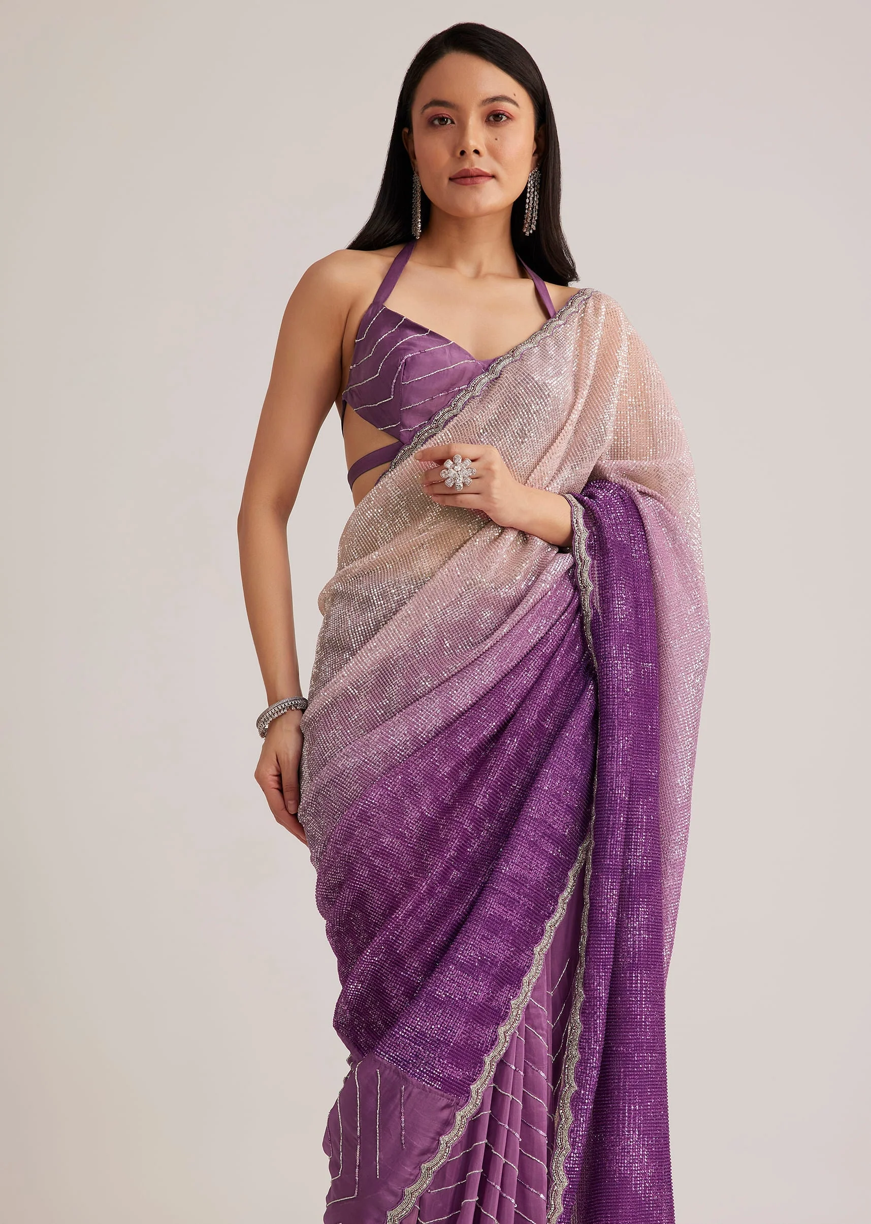 Violet Ombre Sequins Saree With Scallop Border - Image 2