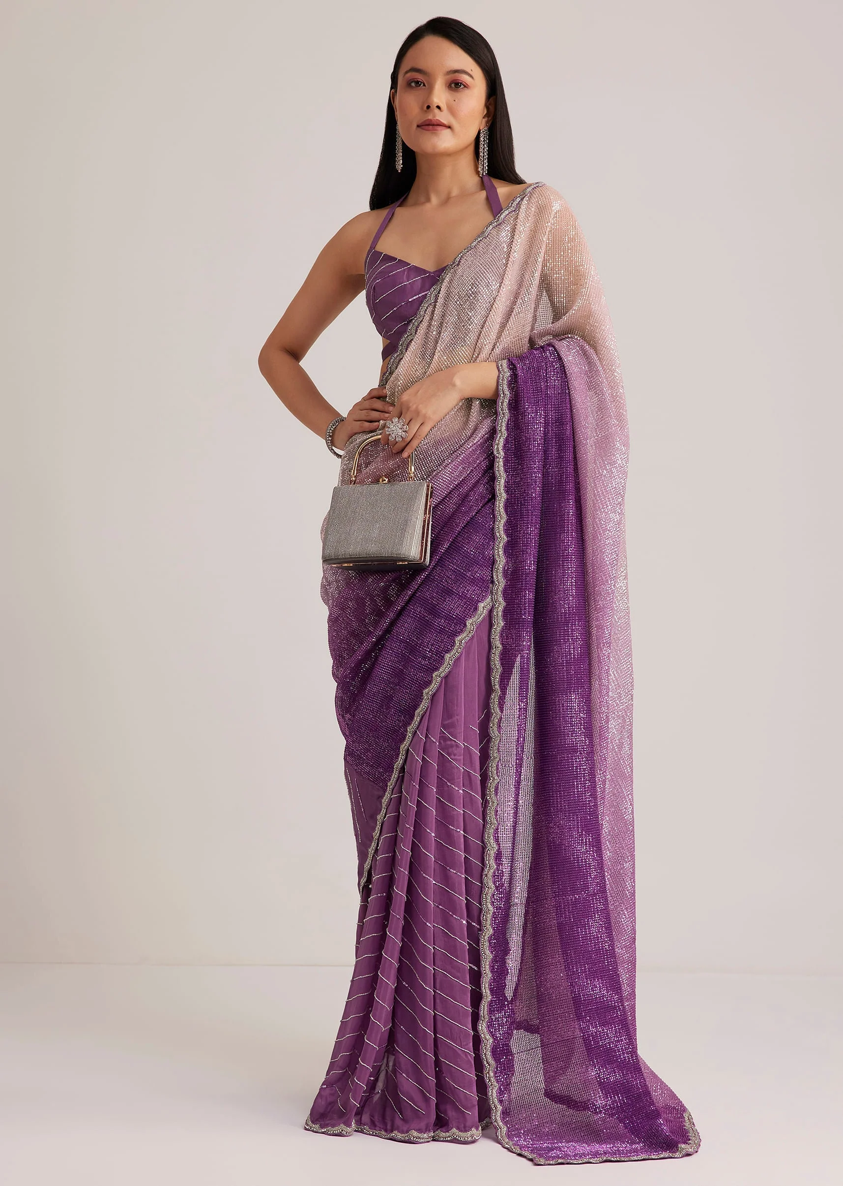 Violet Ombre Sequins Saree With Scallop Border - Image 3