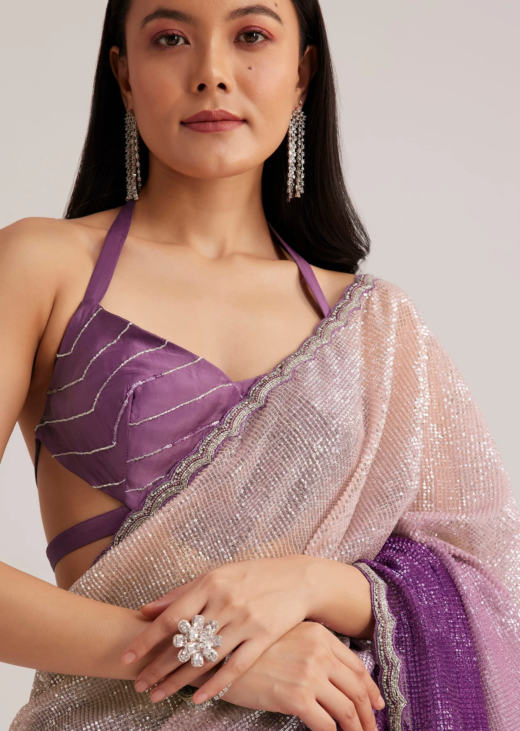 Violet Ombre Sequins Saree With Scallop Border - Image 5