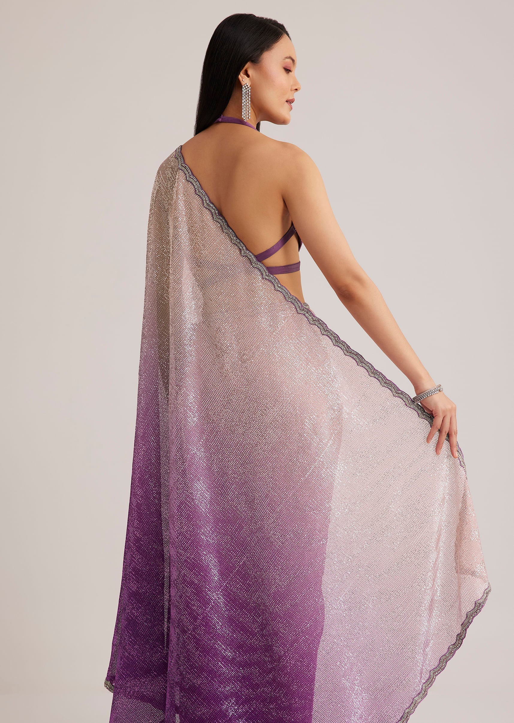 Violet Ombre Sequins Saree With Scallop Border - Image 6