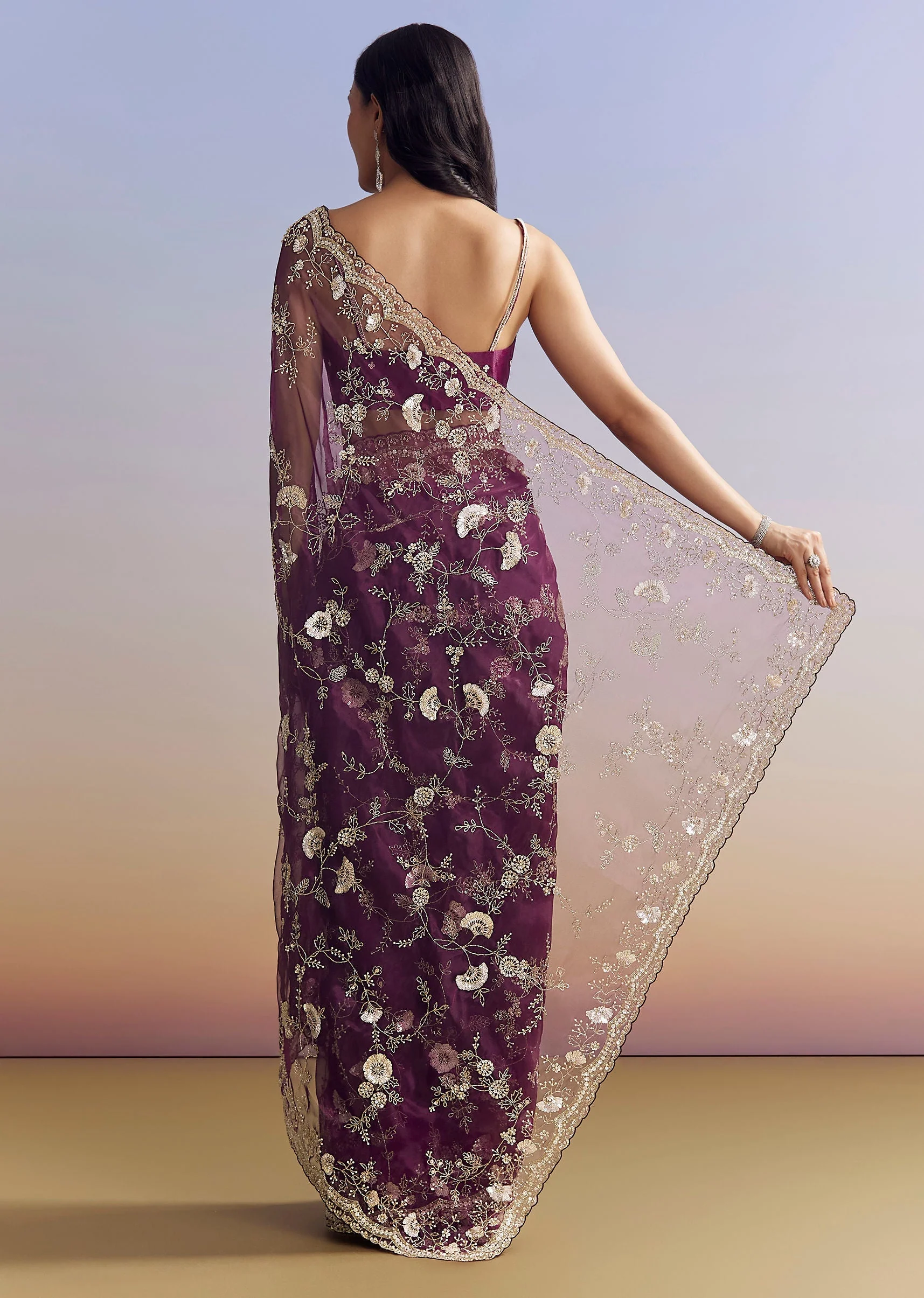 Violet Organza Saree With All Over Embroidered Floral Jaal - Image 4