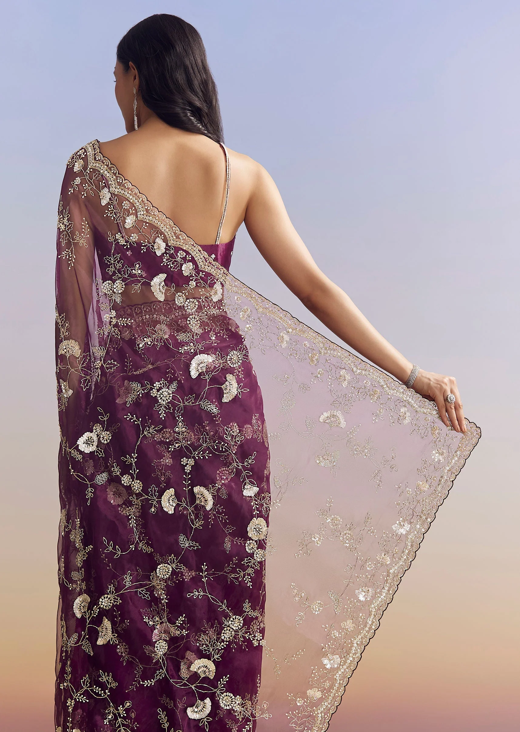 Violet Organza Saree With All Over Embroidered Floral Jaal - Image 6