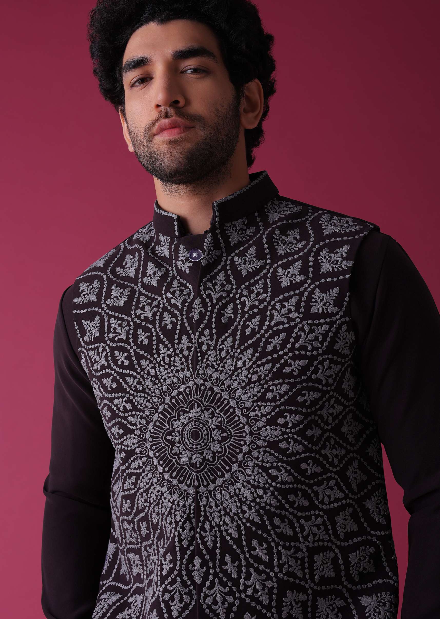 Violet Purple Jacket Kurta Set In Silk With Threadwork - Image 2