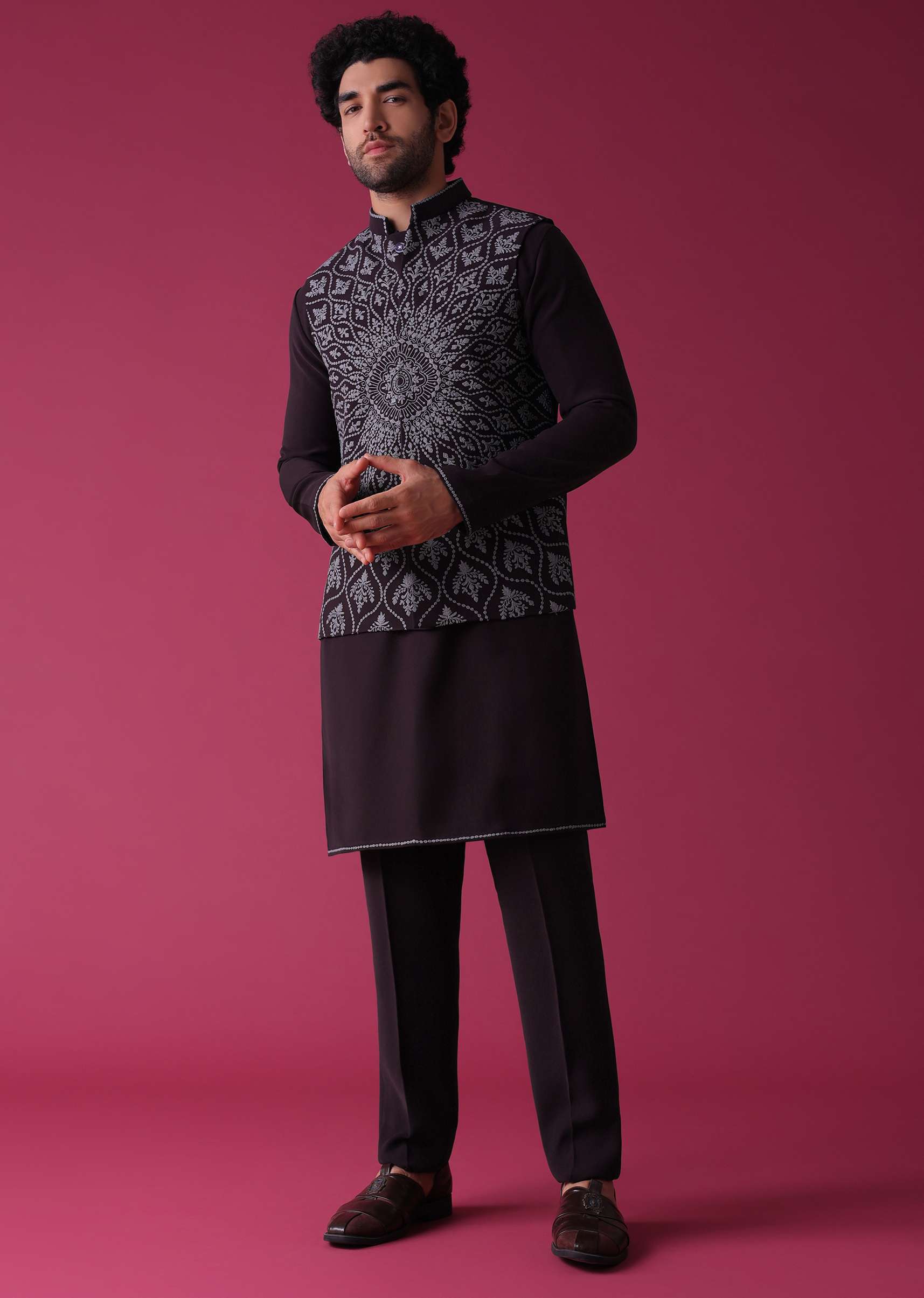 Violet Purple Jacket Kurta Set In Silk With Threadwork - Image 3