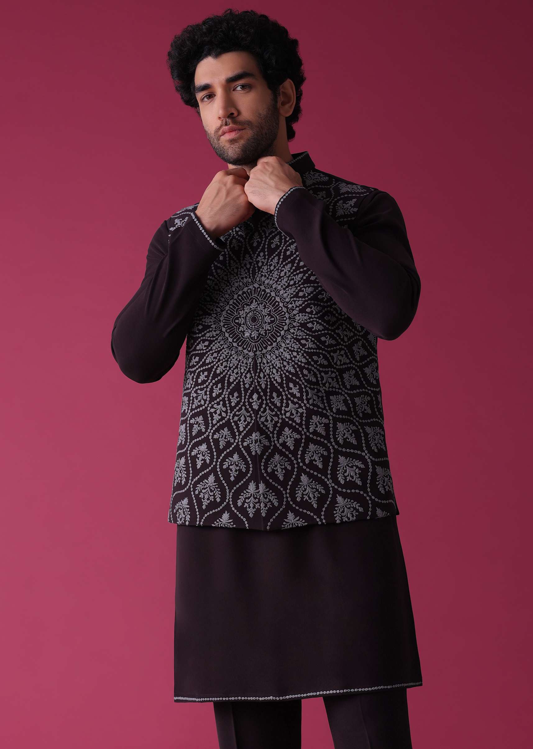 Violet Purple Jacket Kurta Set In Silk With Threadwork - Image 4