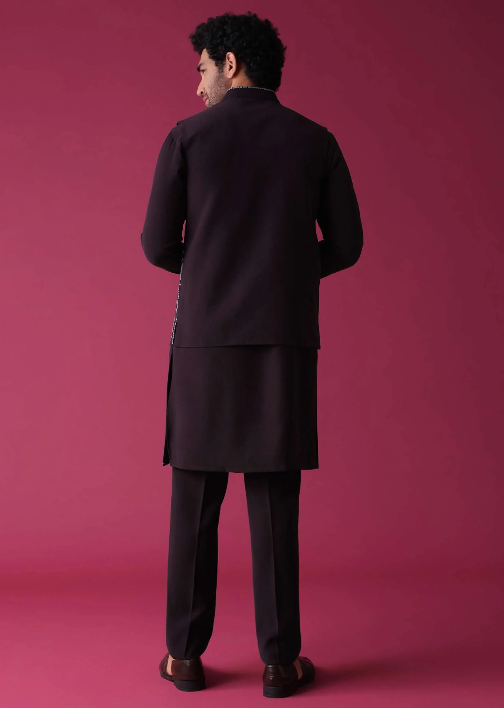 Violet Purple Jacket Kurta Set In Silk With Threadwork - Image 5