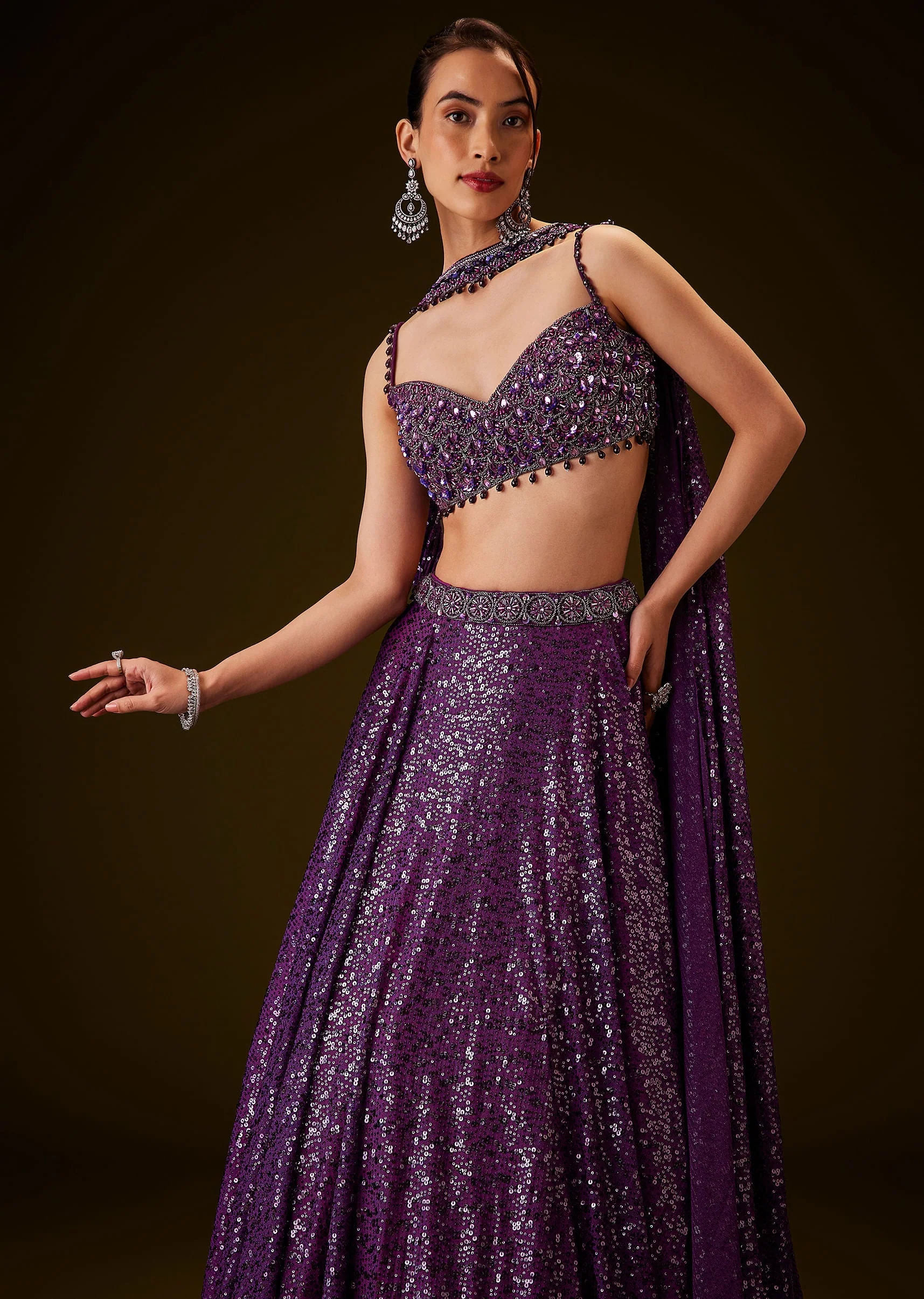 Violet Sequin Lehenga Set With Hand Embroidered Choker Dupatta - Image 2