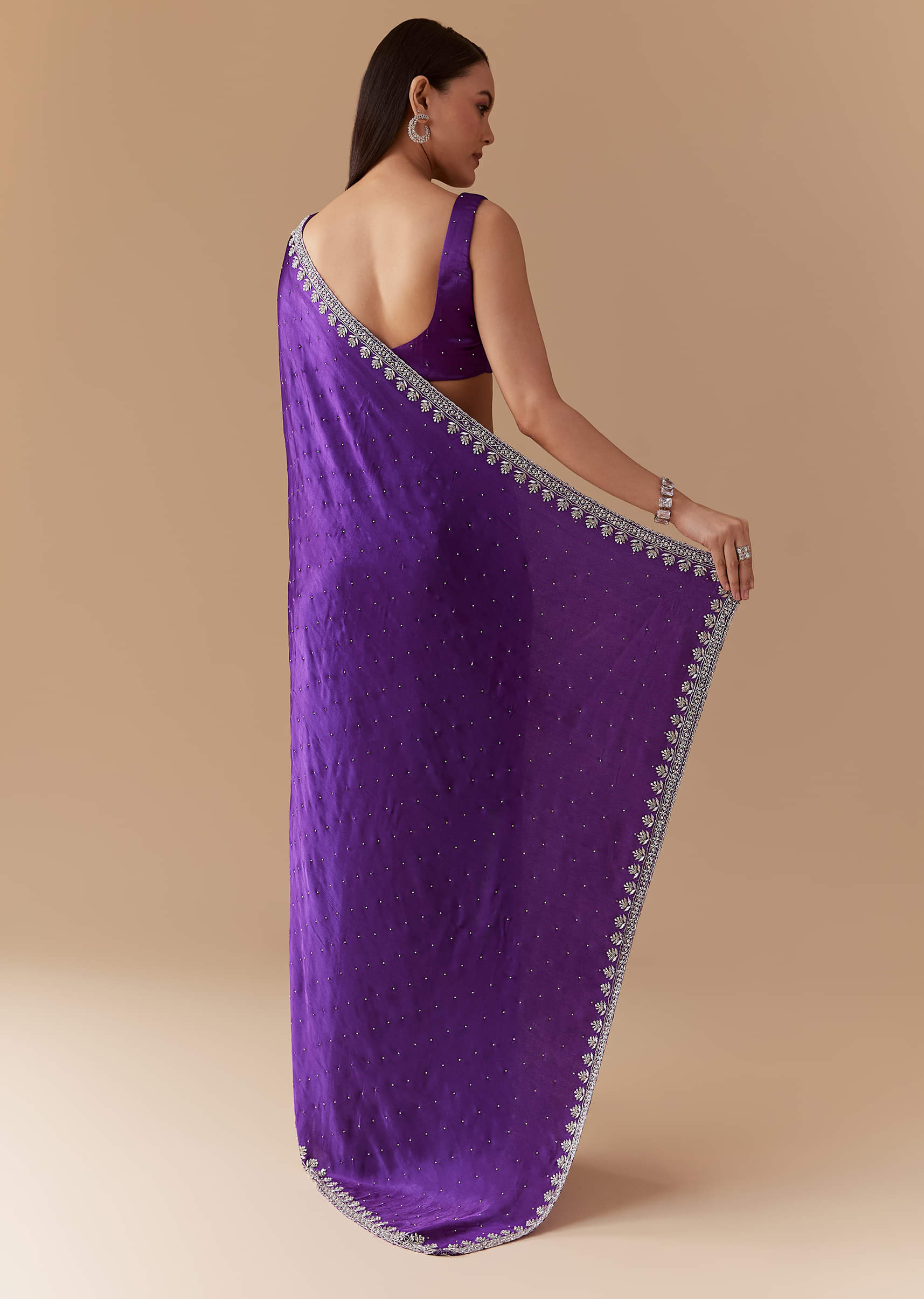 Violet Stone Embellished Saree with Unstitched Blouse - Image 4