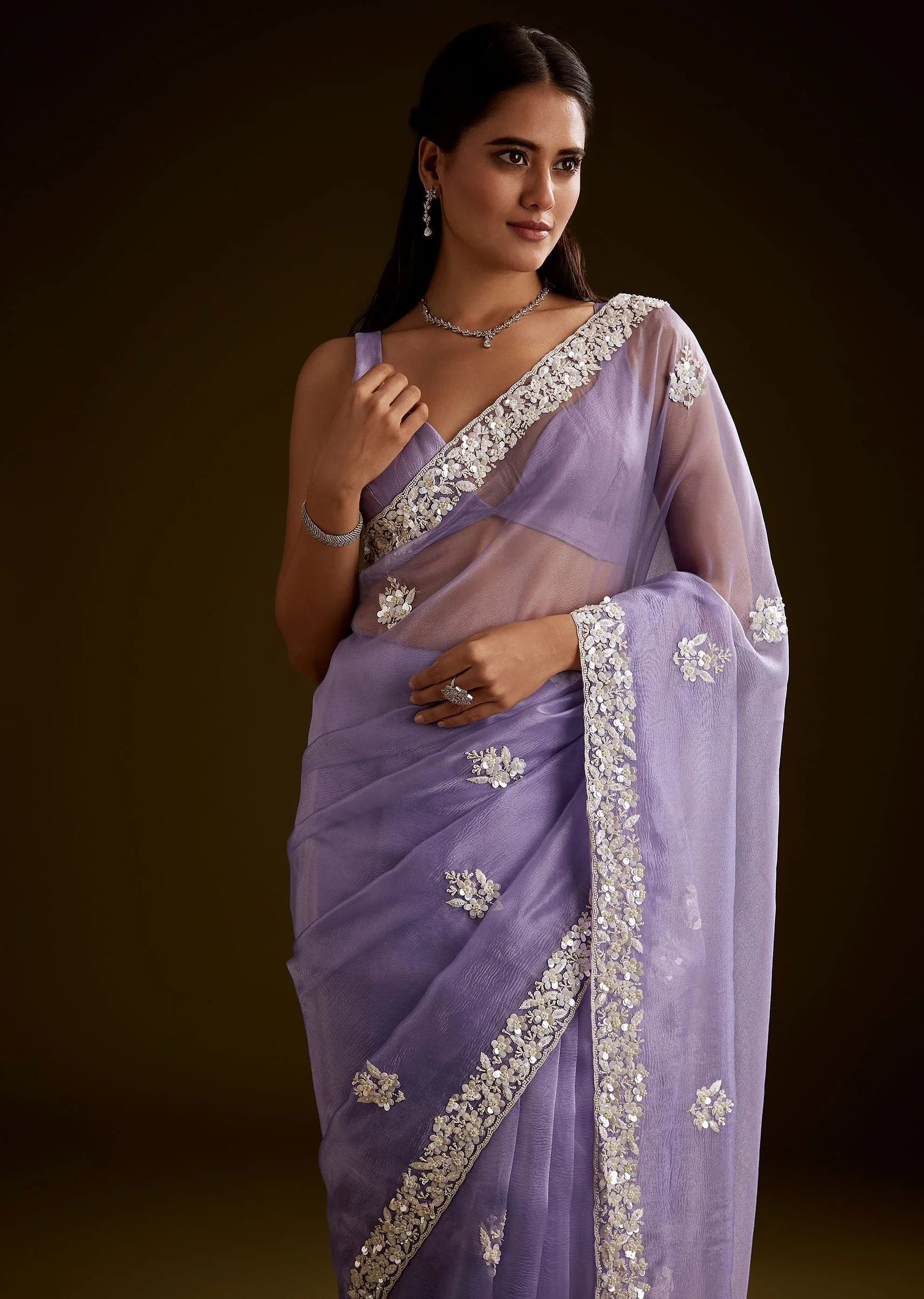 Violet Tissue Saree With Floral Embroidery And Scallop Border - Image 2