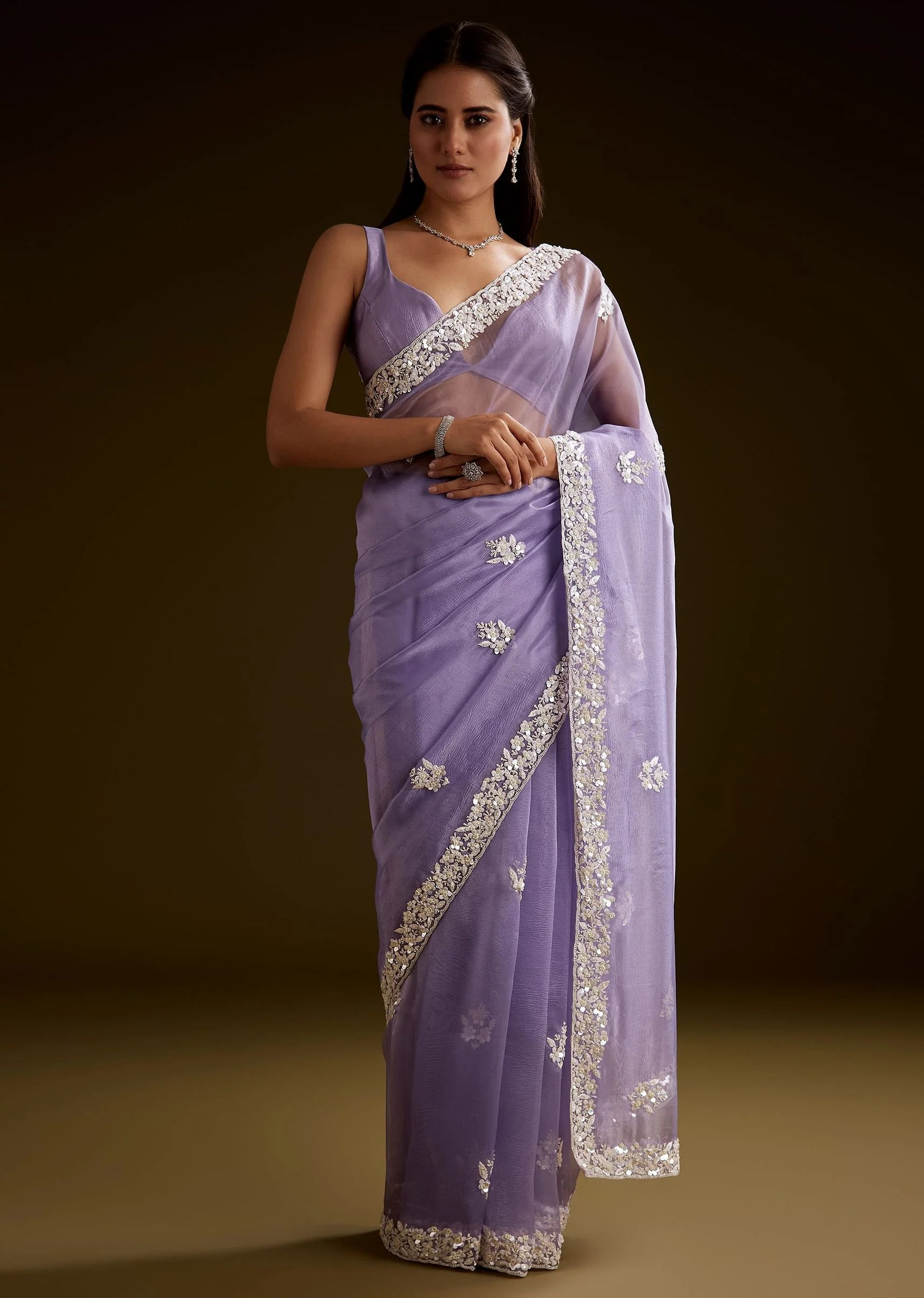 Violet Tissue Saree With Floral Embroidery And Scallop Border - Image 3